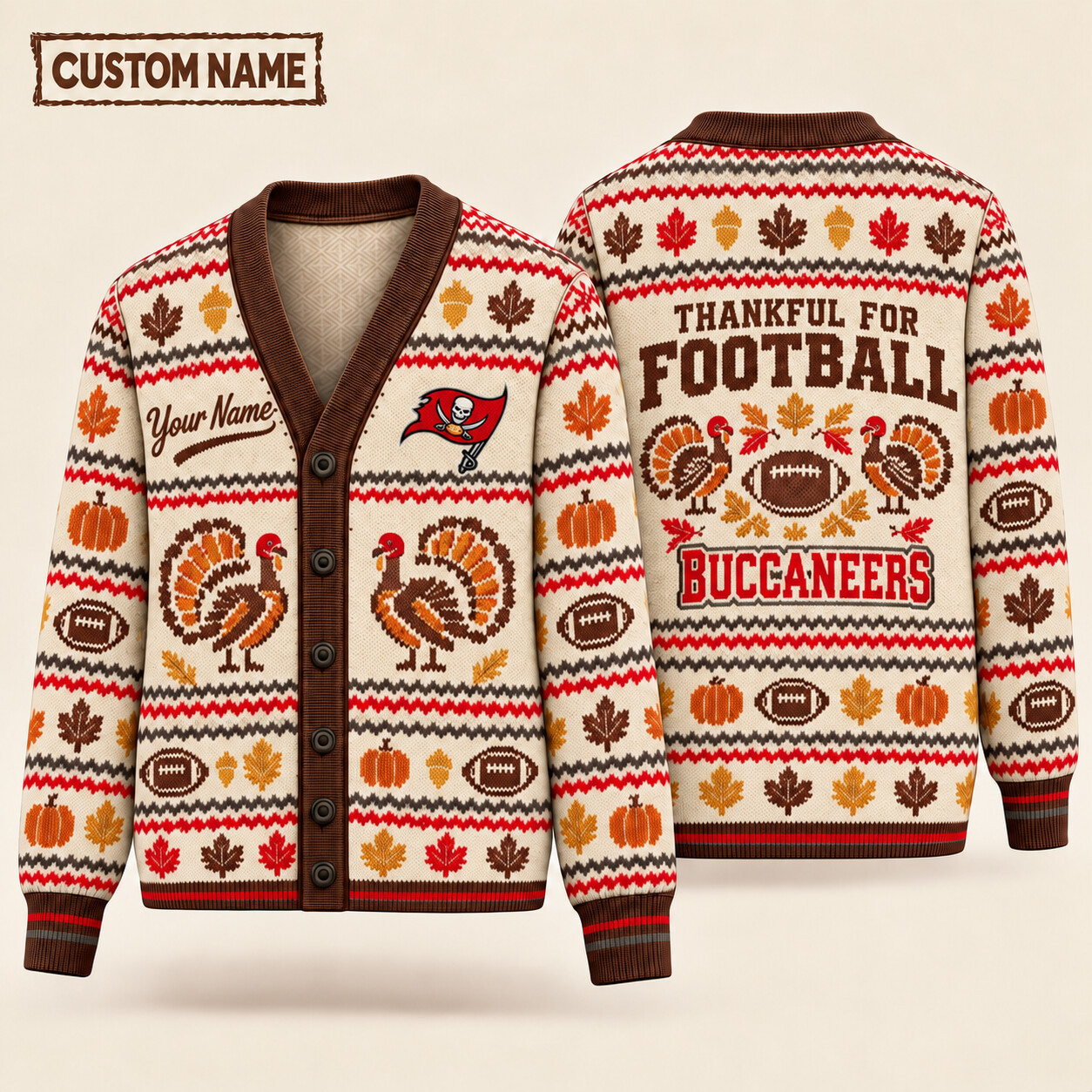Tampa Bay Buccaneers Thankful For Football Thanksgiving Knit Cardigan Custom Name PTENU7