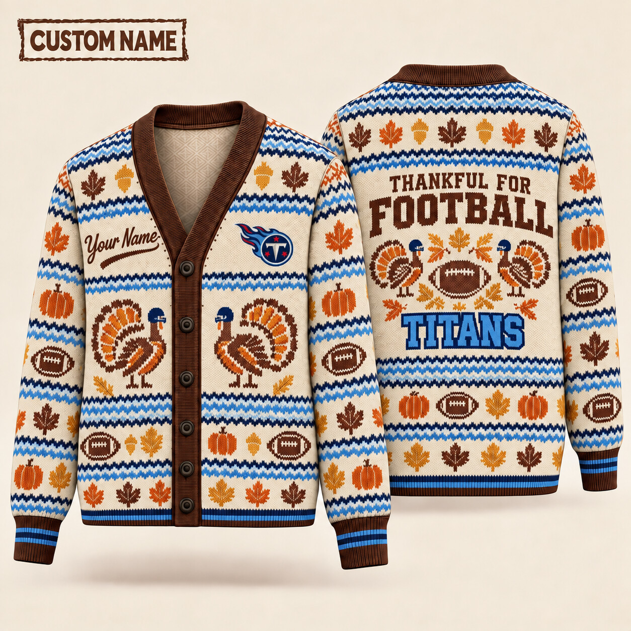 Tennessee Titans Thankful For Football Thanksgiving Knit Cardigan Custom Name PPGPG1