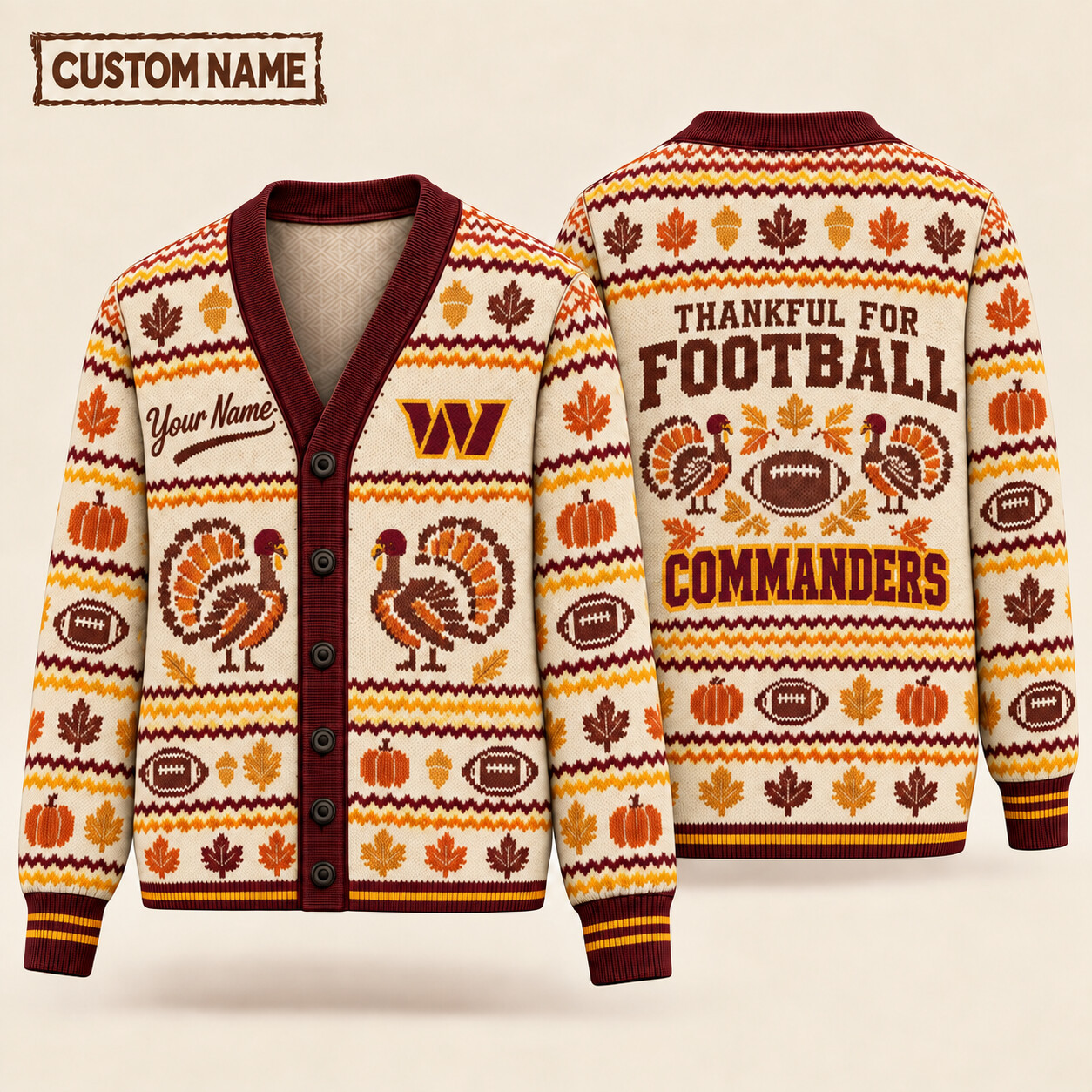 Washington Commanders Thankful For Football Thanksgiving Knit Cardigan Custom Name PWIIE7