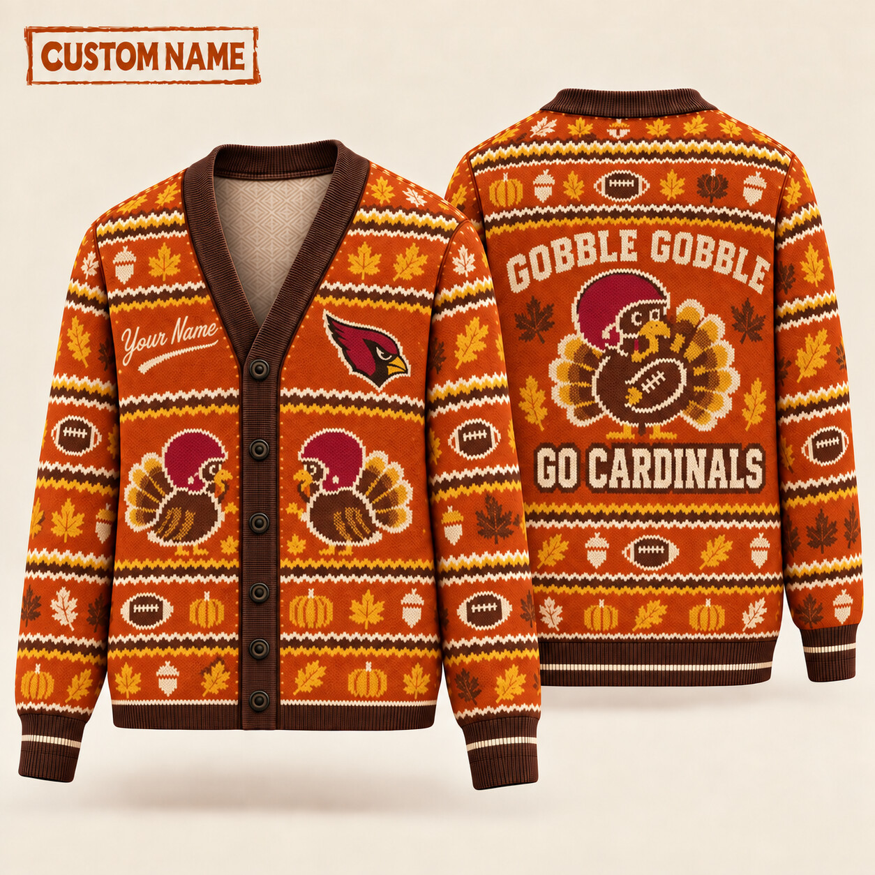 Arizona Cardinals Gobble Gobble Thanksgiving Knit Cardigan Custom Name PM4NJ8