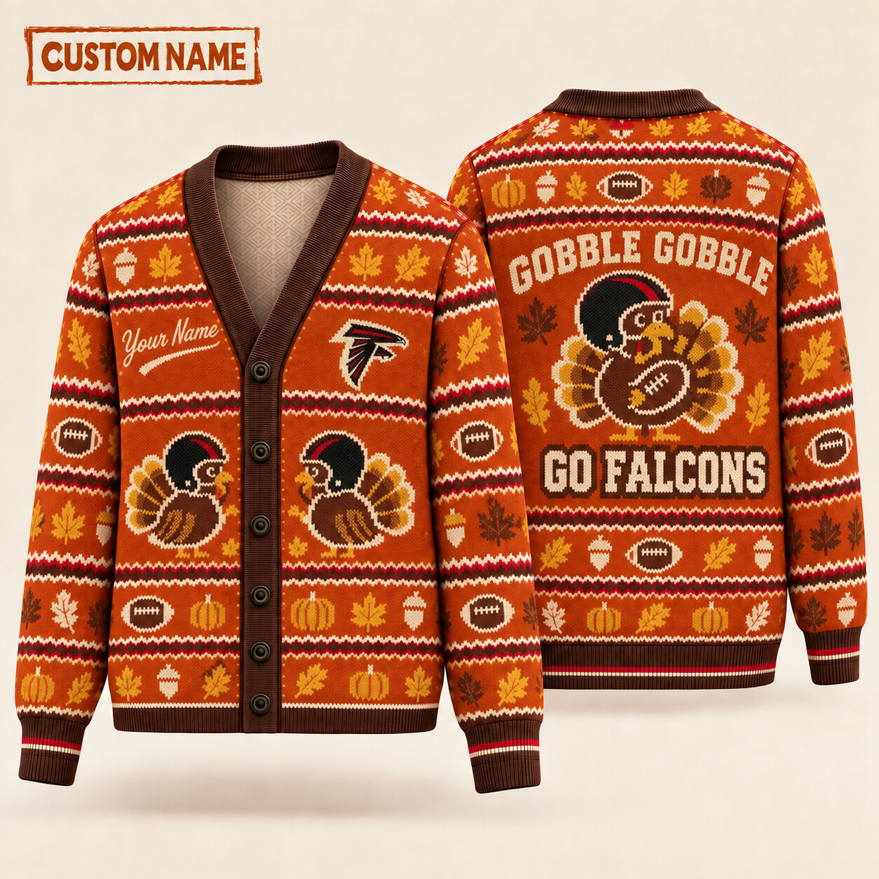 Atlanta Falcons Gobble Gobble Thanksgiving Knit Cardigan Custom Name PNHUP3