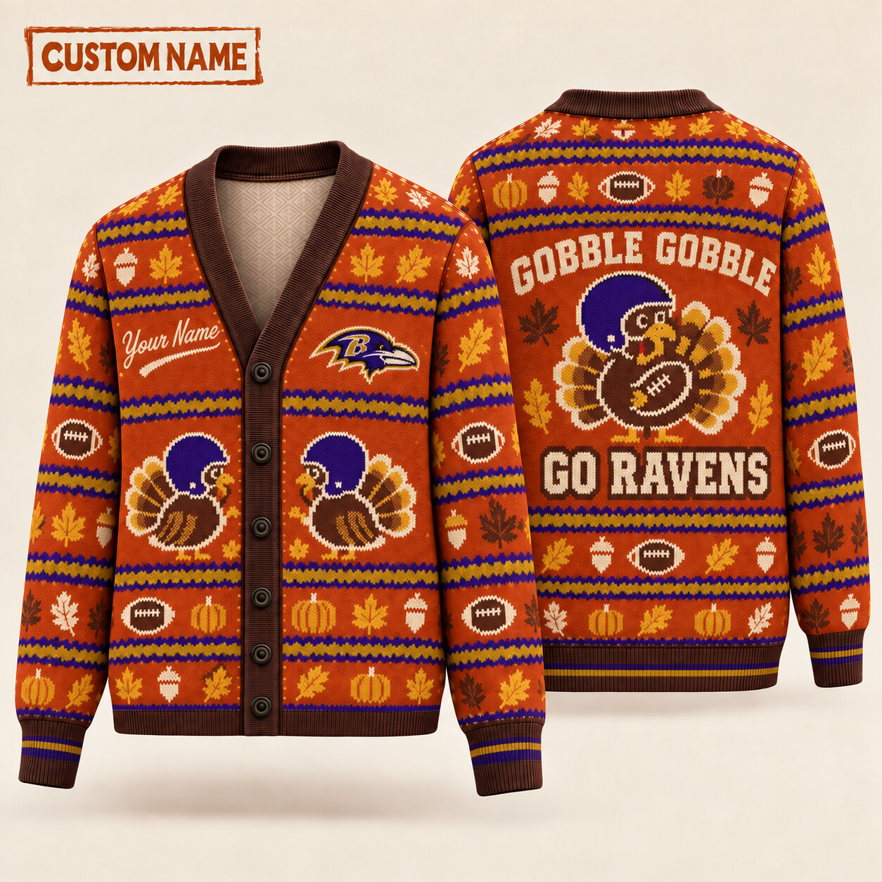 Baltimore Ravens Gobble Gobble Thanksgiving Knit Cardigan Custom Name PX8XEE