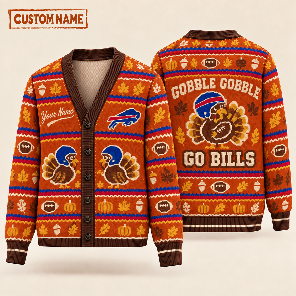 Buffalo Bills Gobble Gobble Thanksgiving Knit Cardigan Custom Name P42W1R