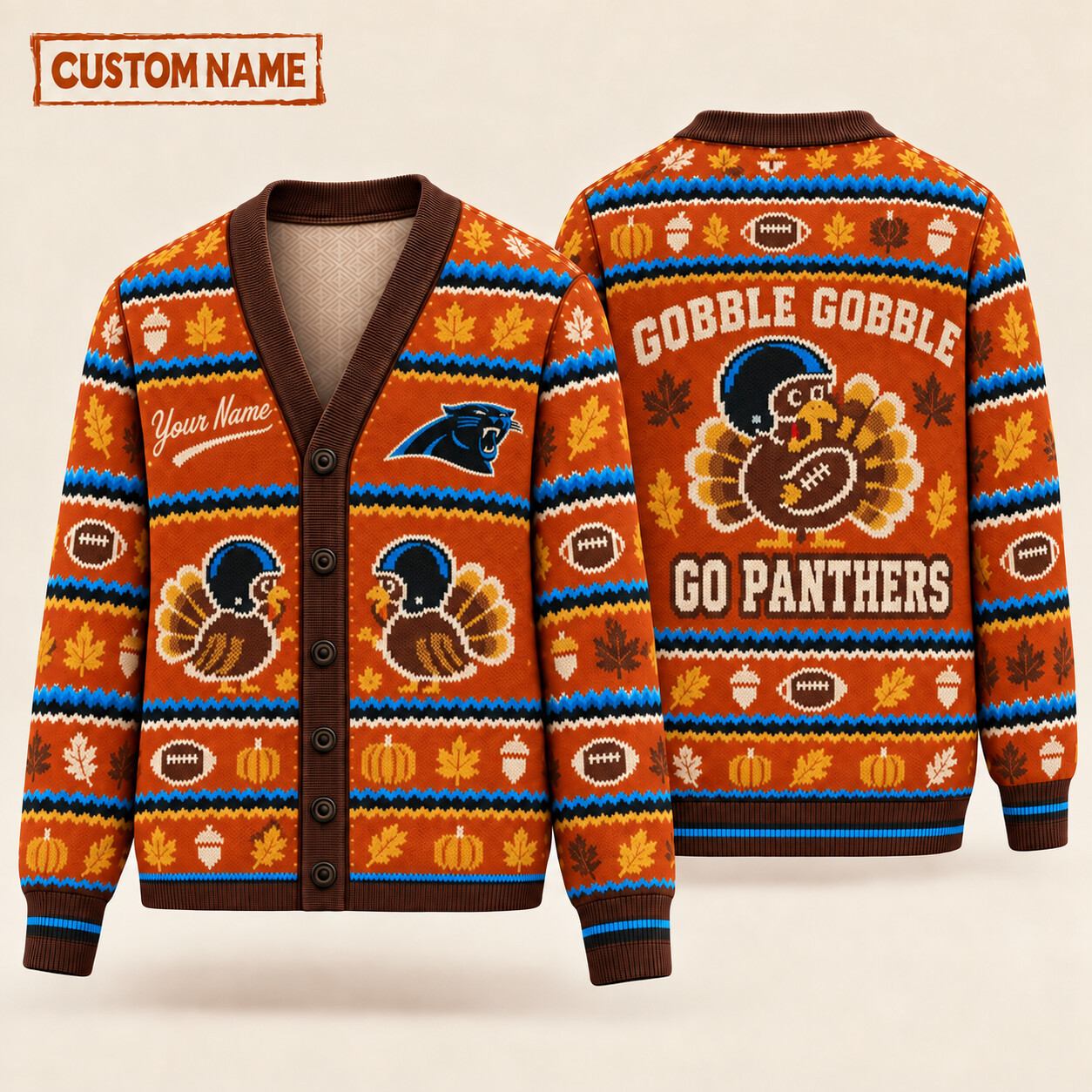 Carolina Panthers Gobble Gobble Thanksgiving Knit Cardigan Custom Name PS72JT