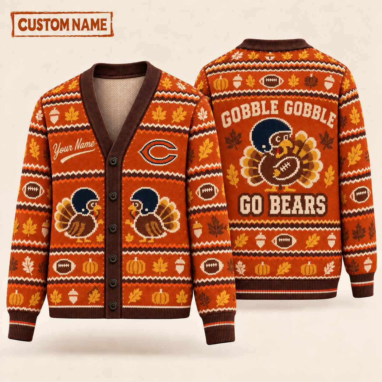 Chicago Bears Gobble Gobble Thanksgiving Knit Cardigan Custom Name PHCK7E