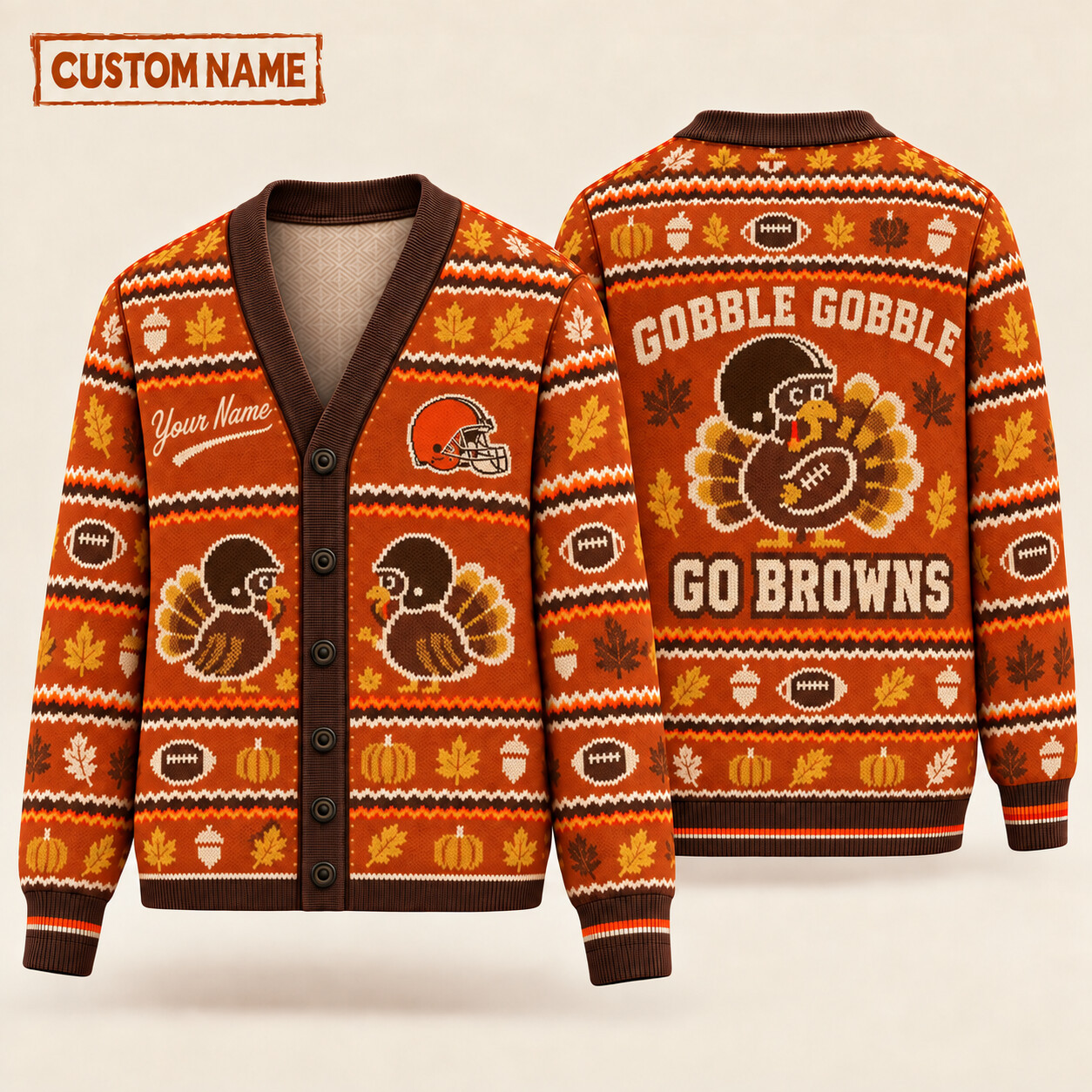 Cleveland Browns Gobble Gobble Thanksgiving Knit Cardigan Custom Name PQ4XAK