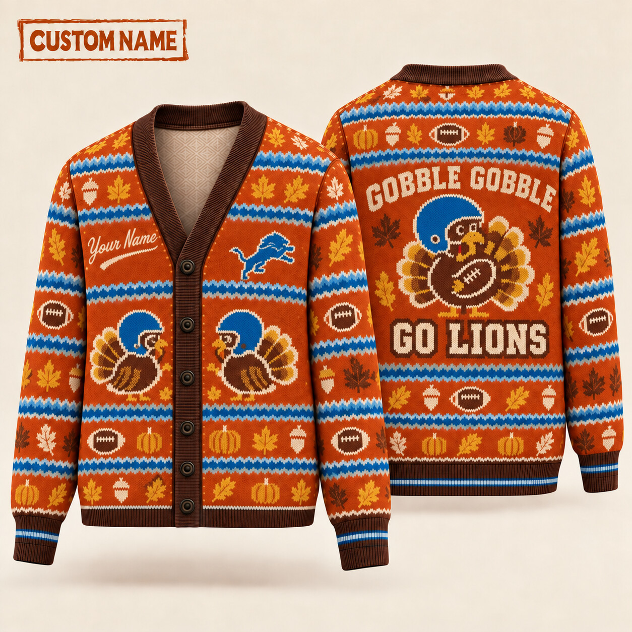 Detroit Lions Gobble Gobble Thanksgiving Knit Cardigan Custom Name P6NYR8