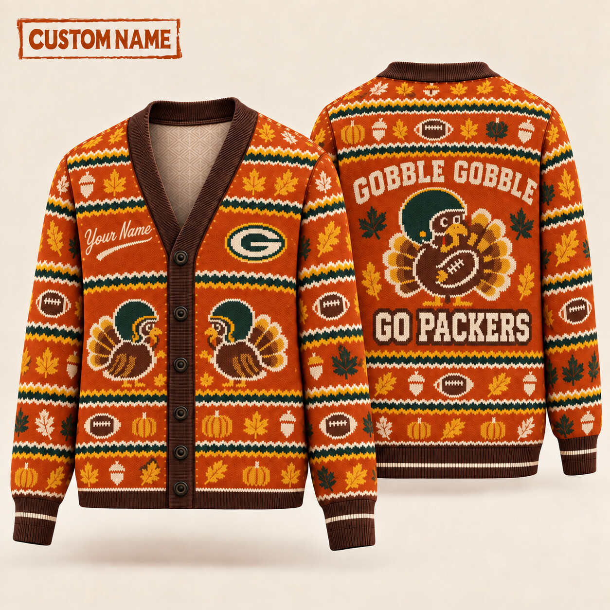 Green Bay Packers Gobble Gobble Thanksgiving Knit Cardigan Custom Name PT3G5R