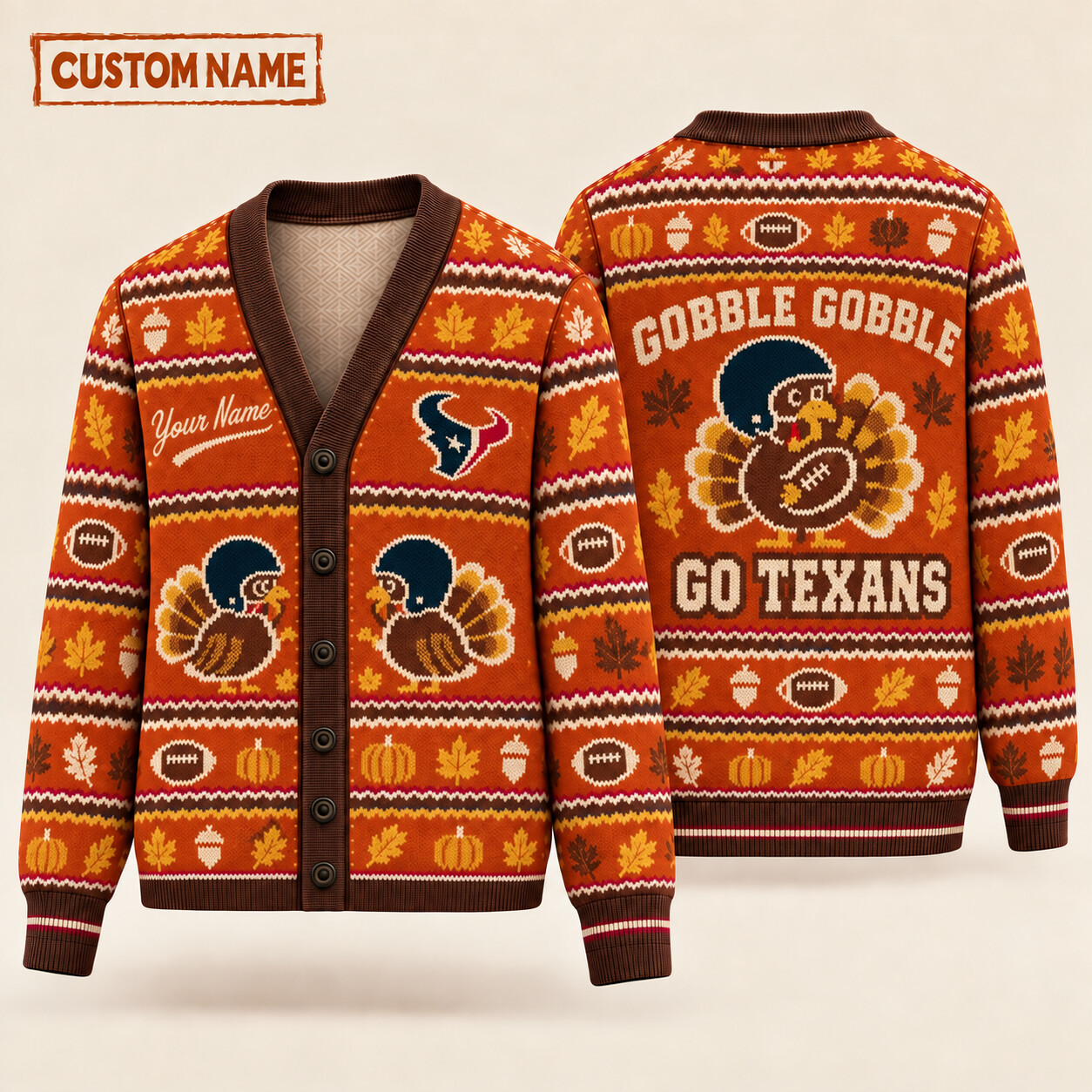 Houston Texans Gobble Gobble Thanksgiving Knit Cardigan Custom Name P48NZN