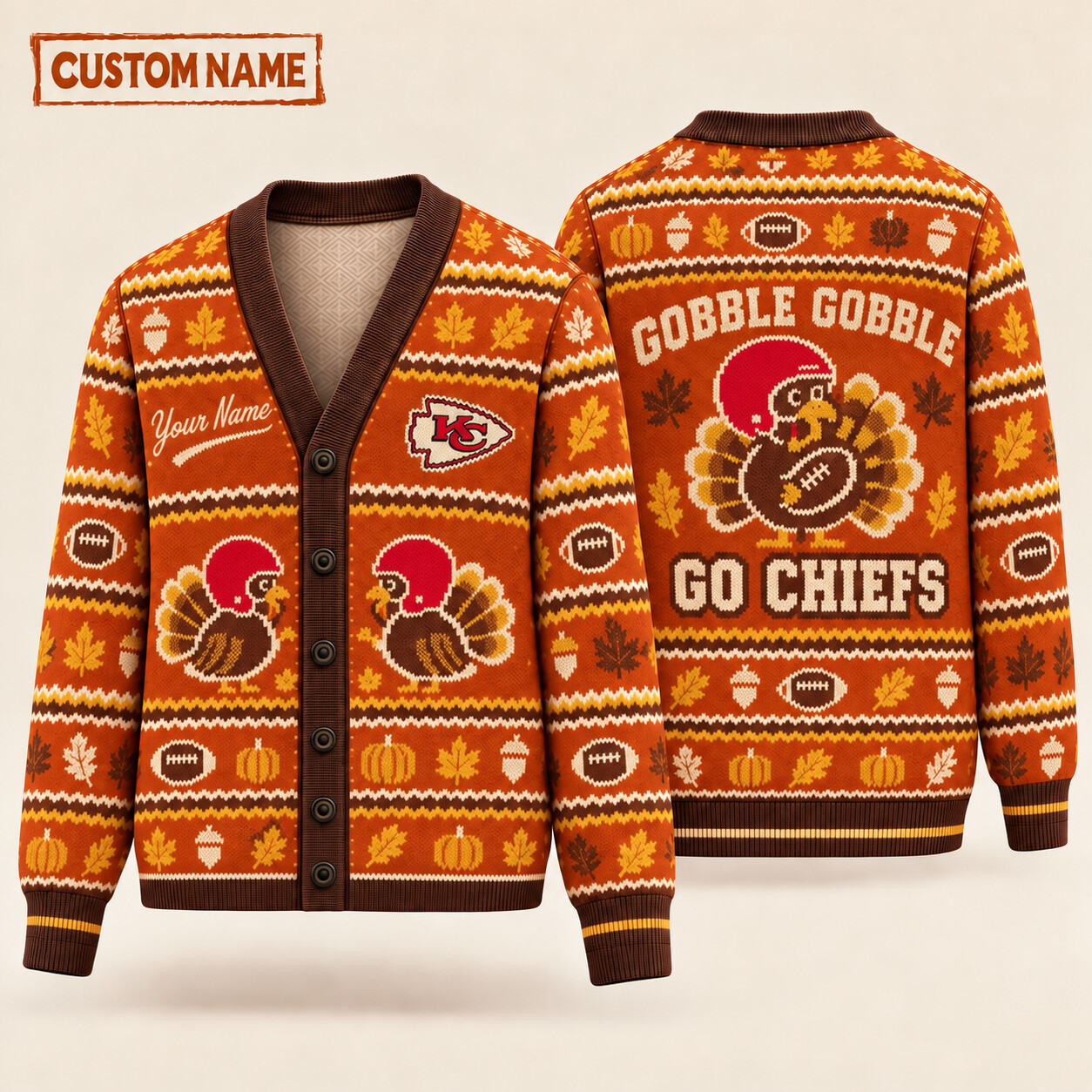 Kansas City Chiefs Gobble Gobble Thanksgiving Knit Cardigan Custom Name PBBZ33