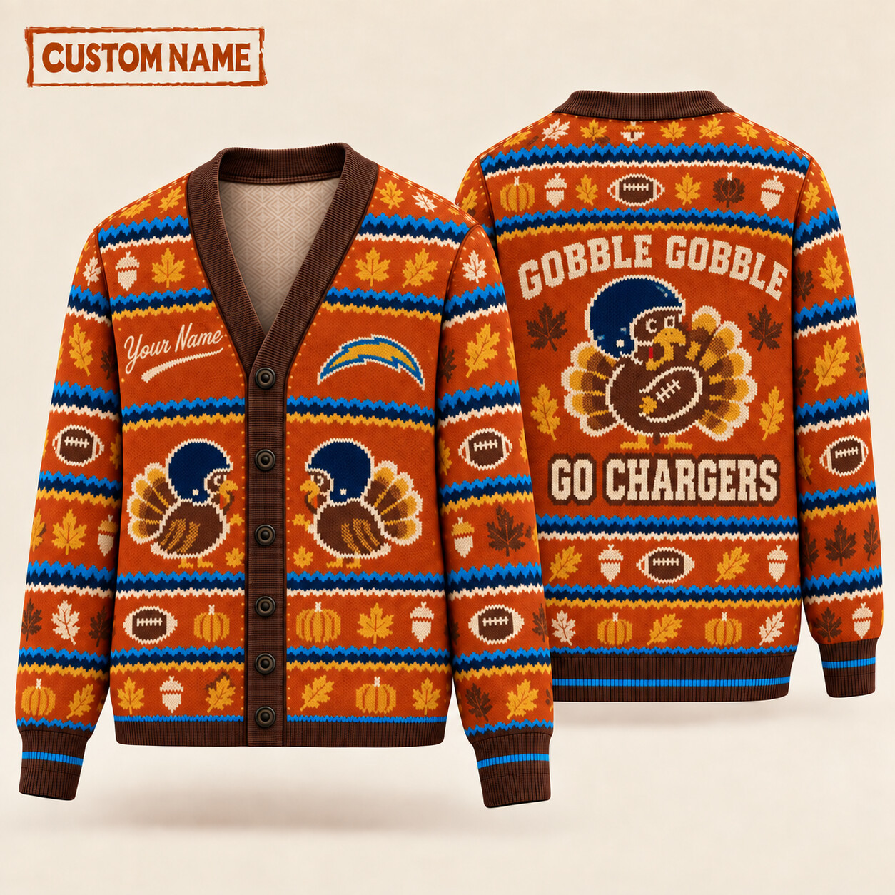 Los Angeles Chargers Gobble Gobble Thanksgiving Knit Cardigan Custom Name PIWZPM