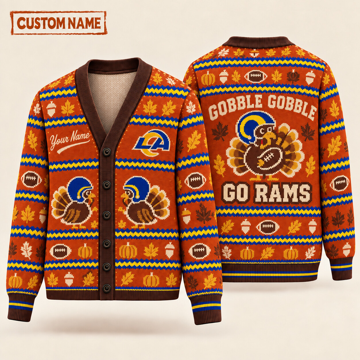 Los Angeles Rams Gobble Gobble Thanksgiving Knit Cardigan Custom Name PK75XW