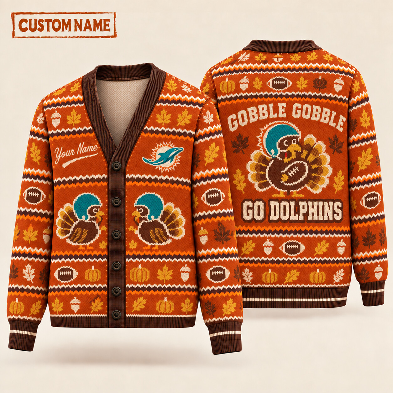 Miami Dolphins Gobble Gobble Thanksgiving Knit Cardigan Custom Name PJTGD4