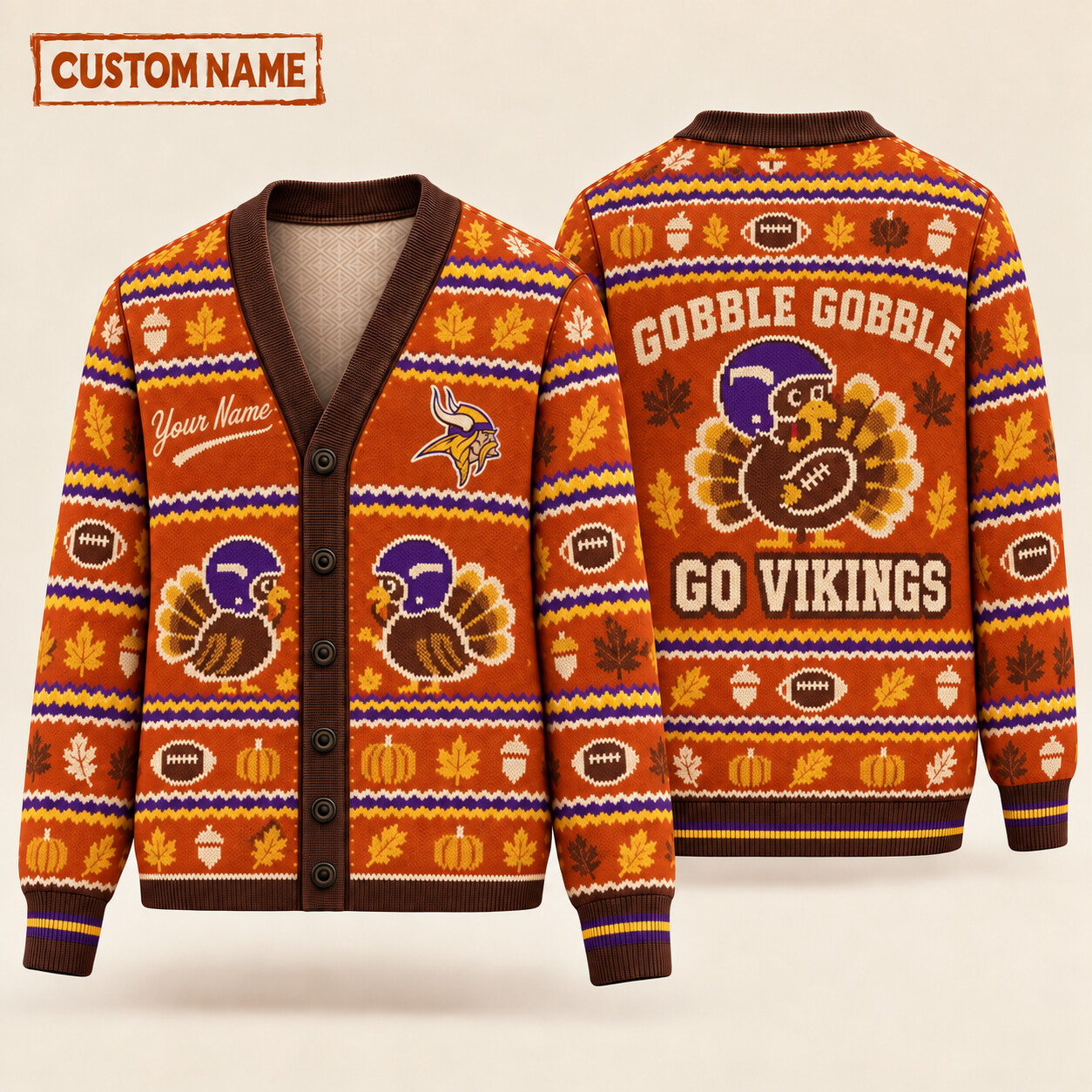 Minnesota Vikings Gobble Gobble Thanksgiving Knit Cardigan Custom Name PDVBXJ