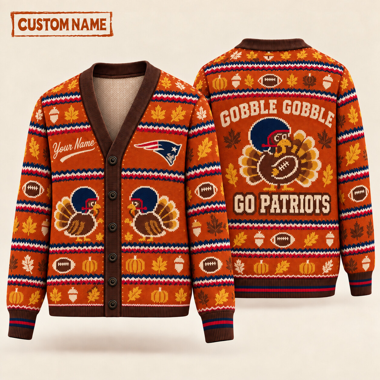 New England Patriots Gobble Gobble Thanksgiving Knit Cardigan Custom Name P03585