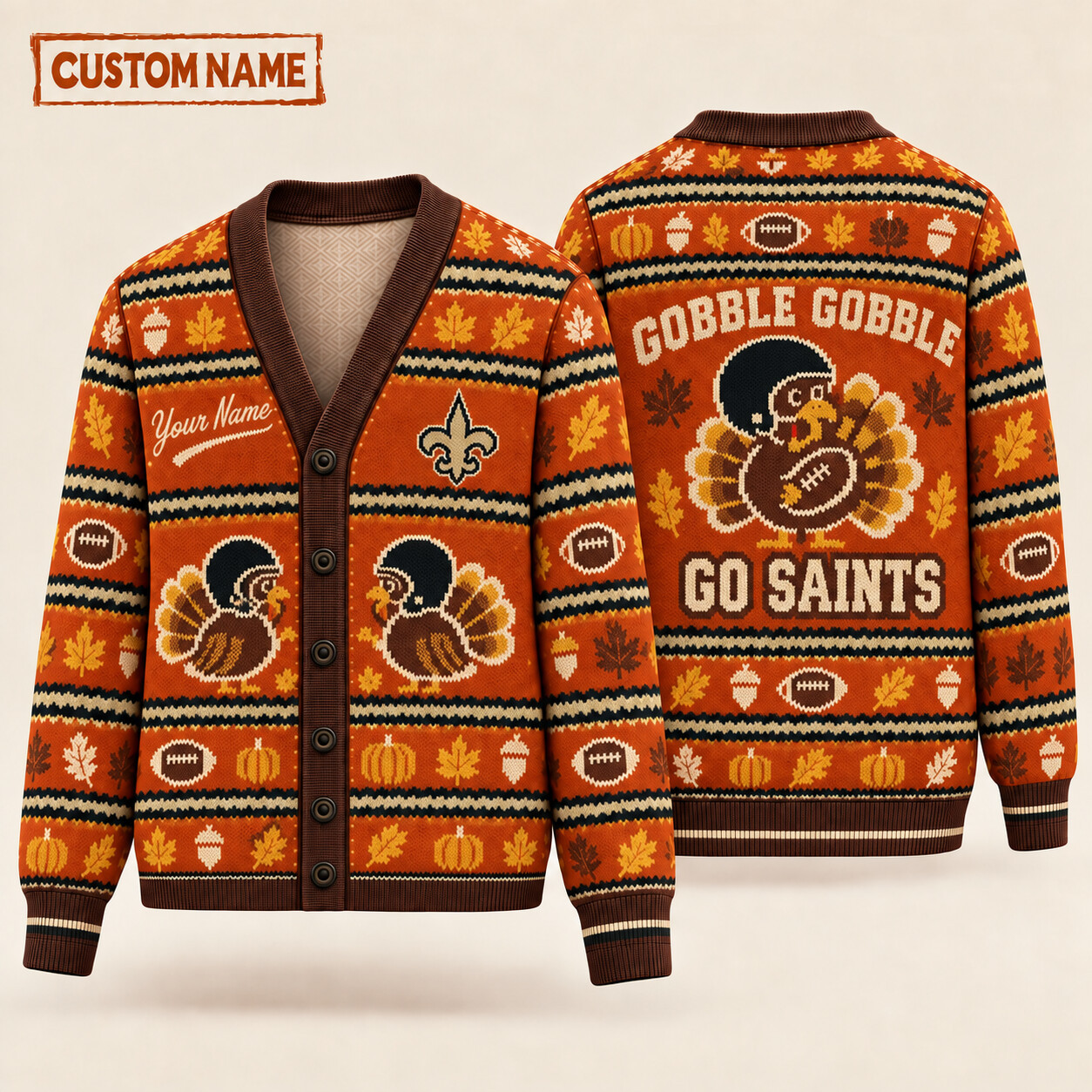 New Orleans Saints Gobble Gobble Thanksgiving Knit Cardigan Custom Name PZ3Z9O