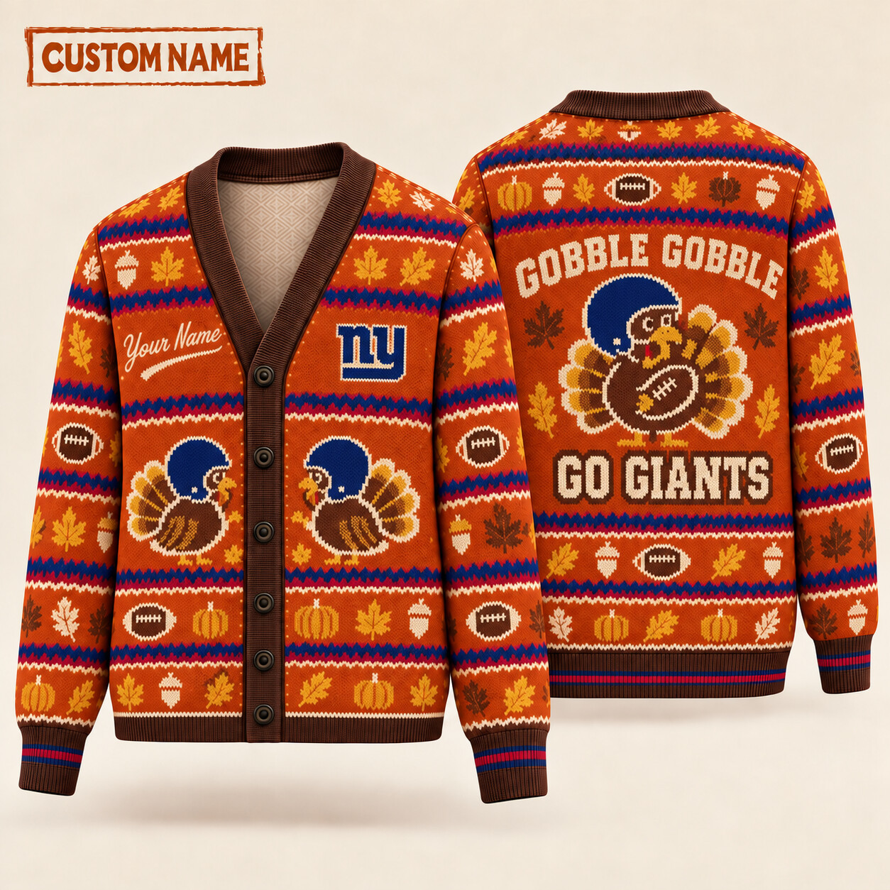 New York Giants Gobble Gobble Thanksgiving Knit Cardigan Custom Name PXU13V