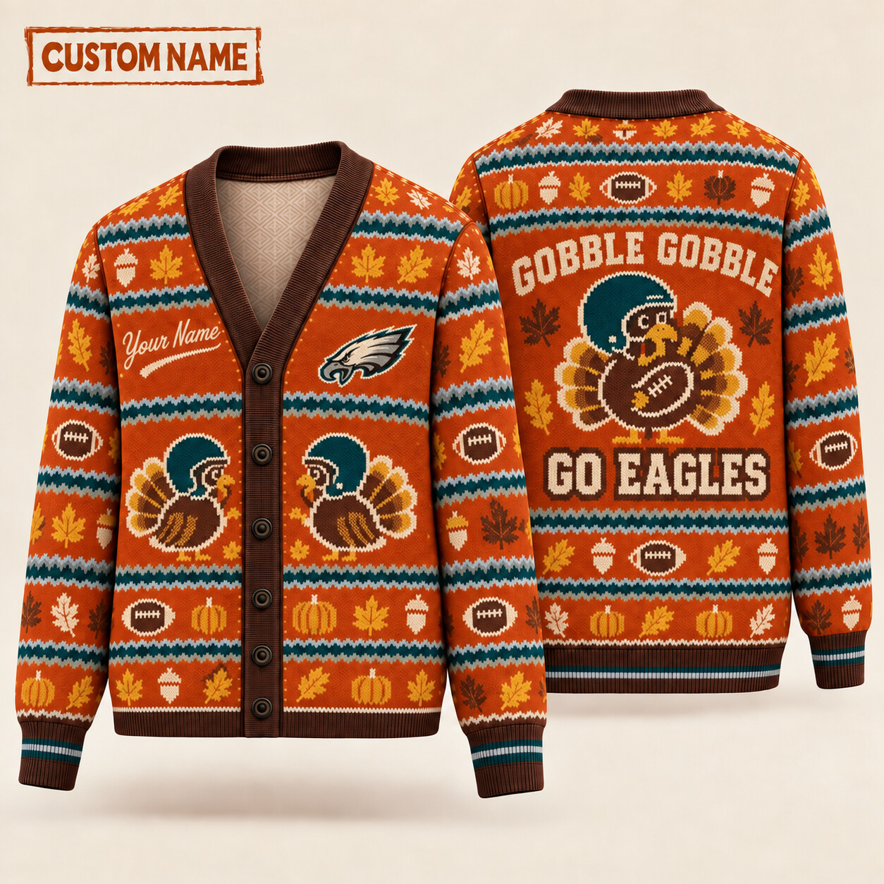 Philadelphia Eagles Gobble Gobble Thanksgiving Knit Cardigan Custom Name P57J64
