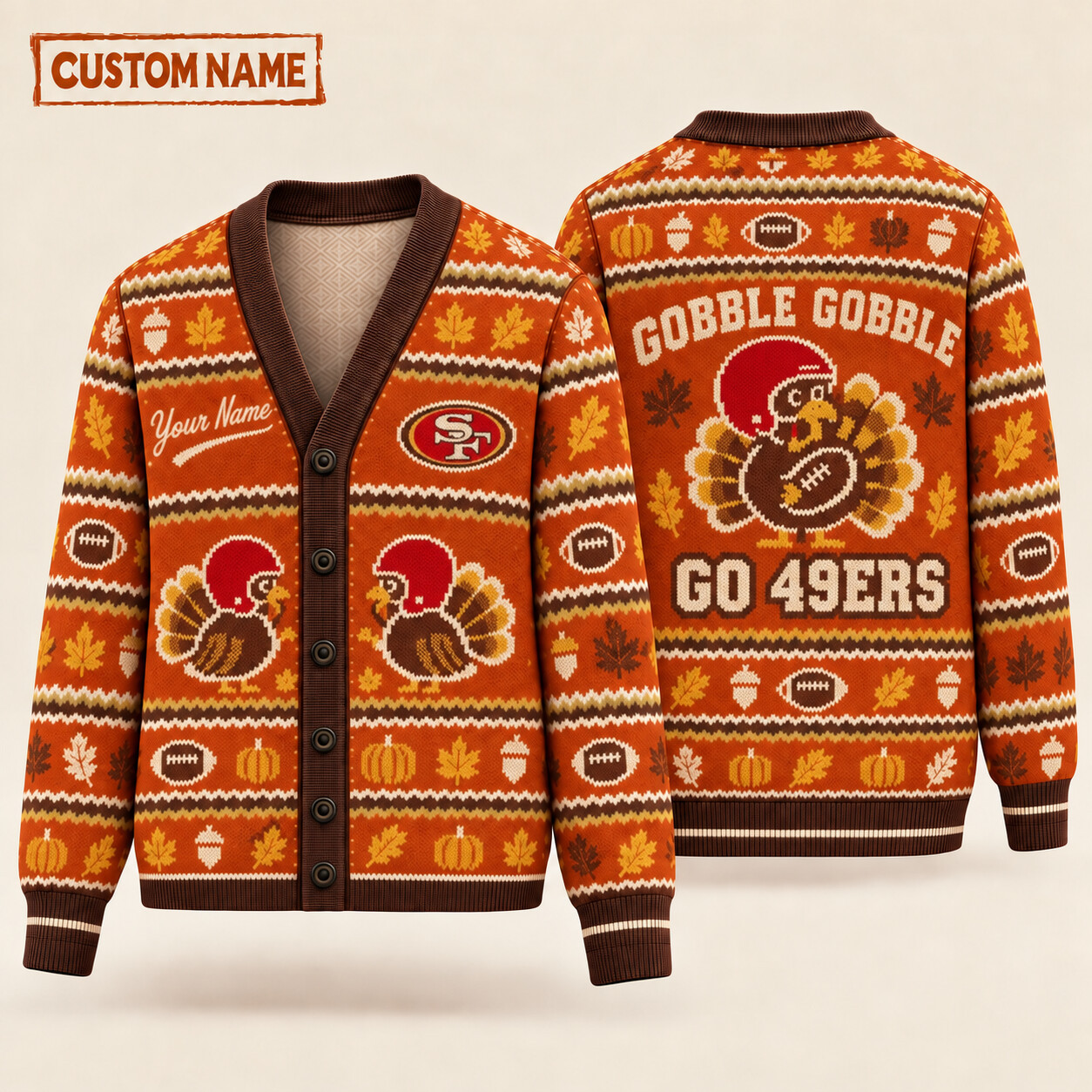 San Francisco 49ers Gobble Gobble Thanksgiving Knit Cardigan Custom Name P6TQ2E