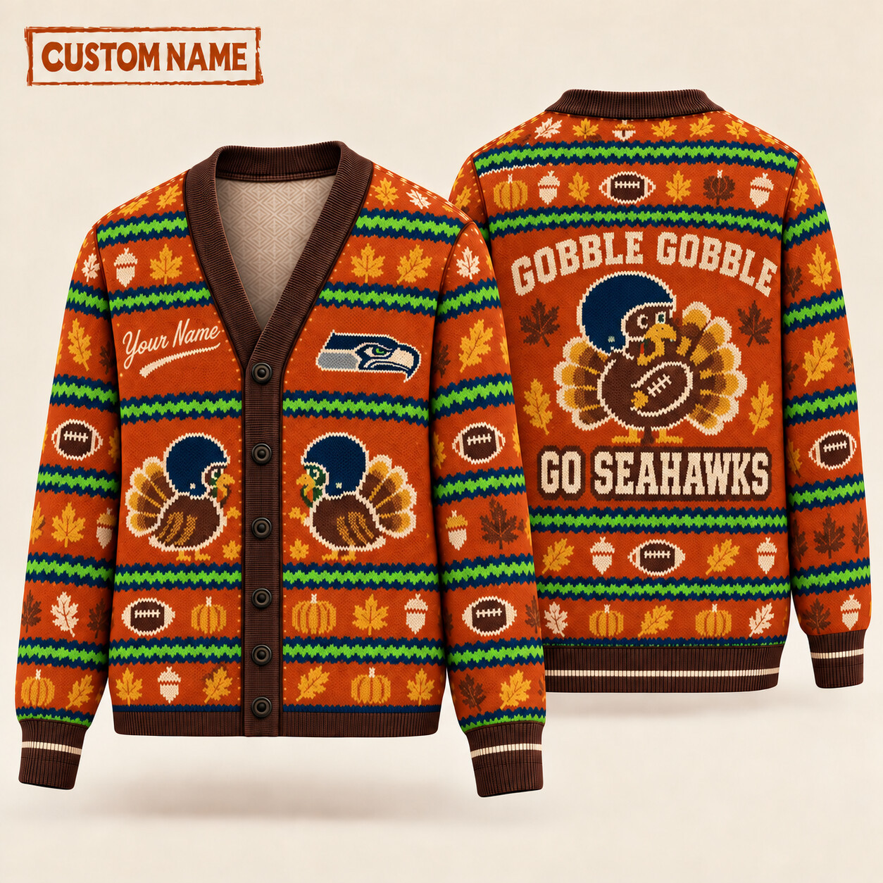 Seattle Seahawks Gobble Gobble Thanksgiving Knit Cardigan Custom Name PEY9NM