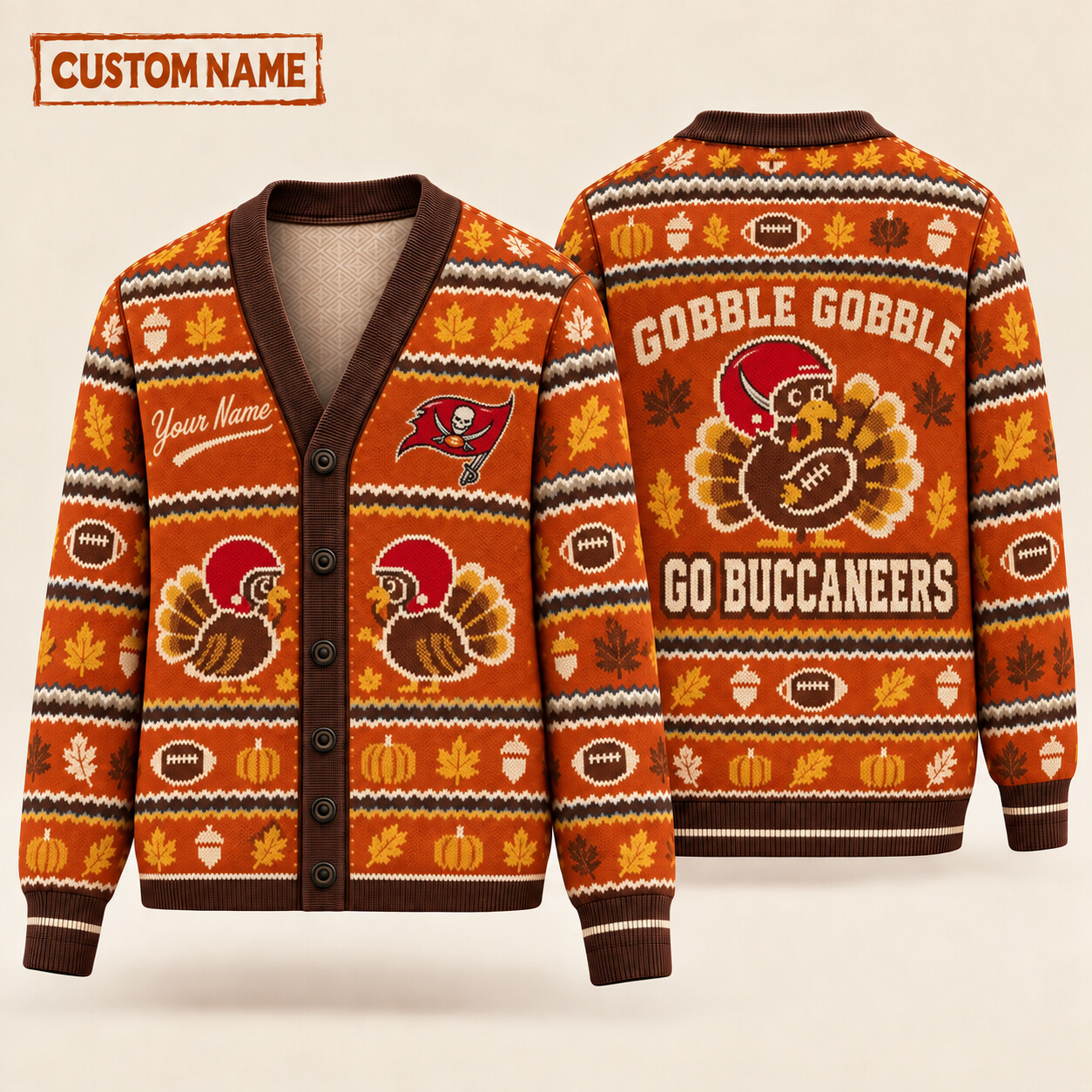Tampa Bay Buccaneers Gobble Gobble Thanksgiving Knit Cardigan Custom Name PXLA0Z