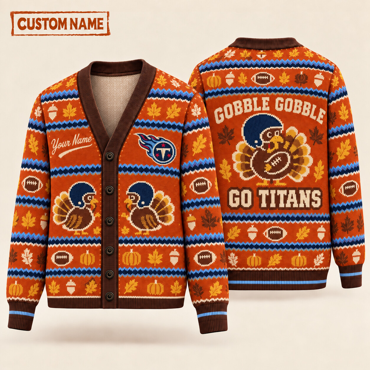 Tennessee Titans Gobble Gobble Thanksgiving Knit Cardigan Custom Name P9GCK3