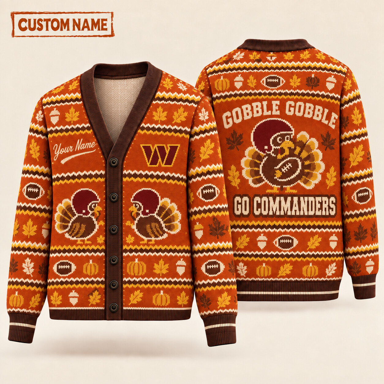 Washington Commanders Gobble Gobble Thanksgiving Knit Cardigan Custom Name PYG7F0
