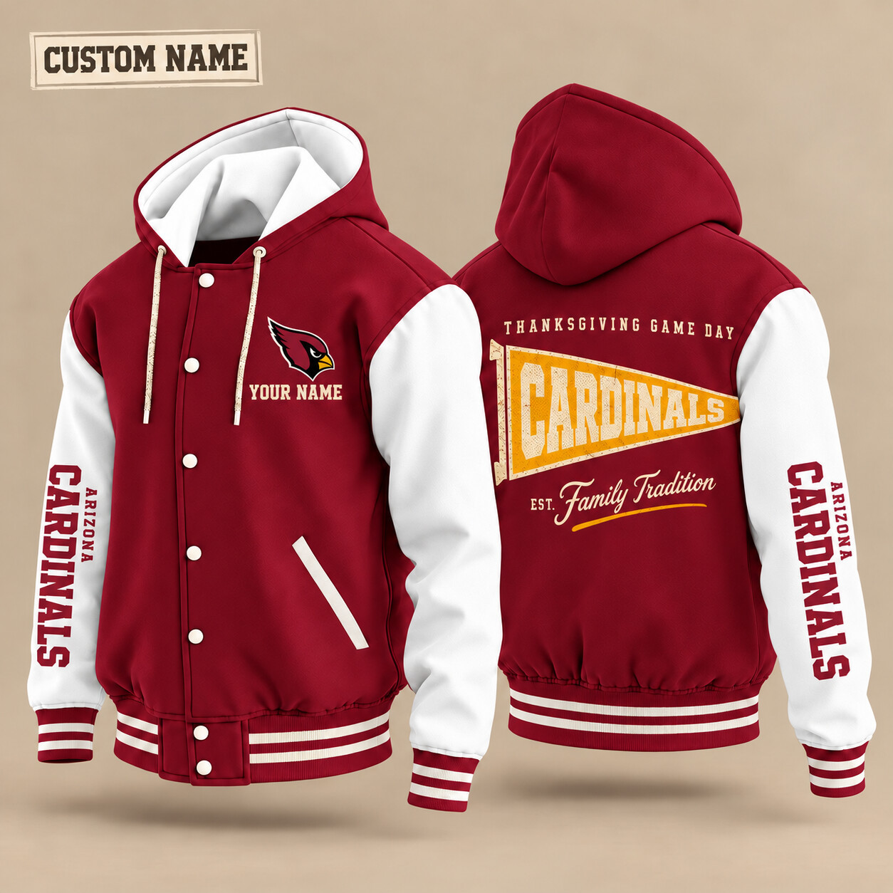 Arizona Cardinals Thanksgiving Game Day Pennant Hooded Letterman Jacket Custom Name PIPA9G