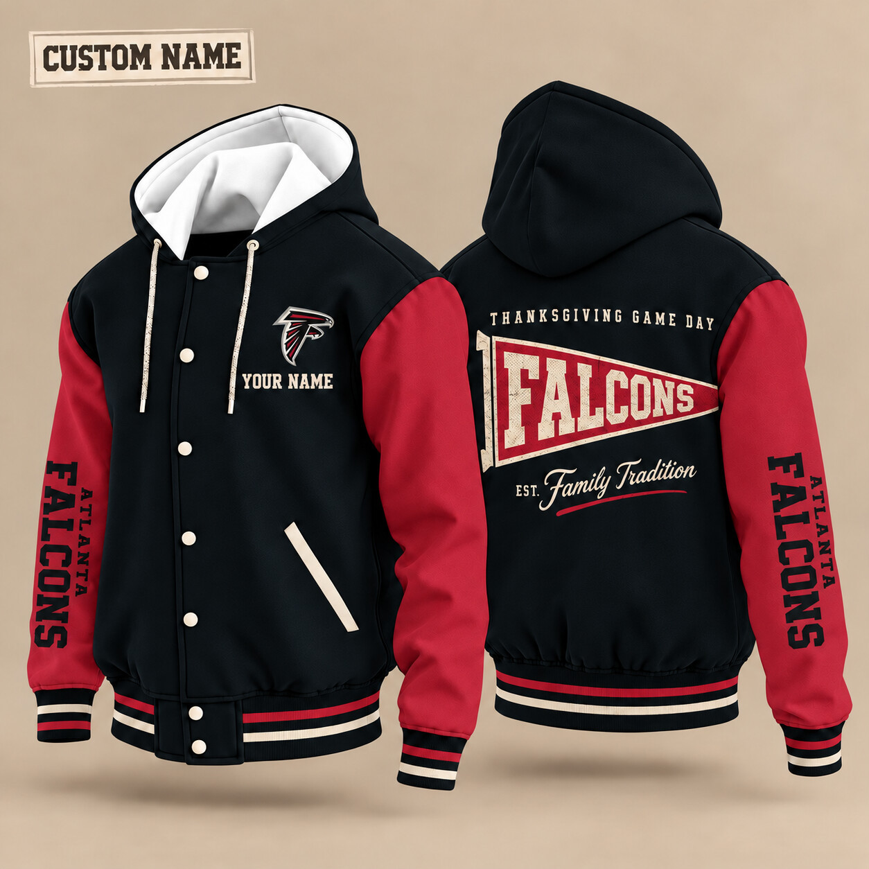 Atlanta Falcons Thanksgiving Game Day Pennant Hooded Letterman Jacket Custom Name PQOSTN