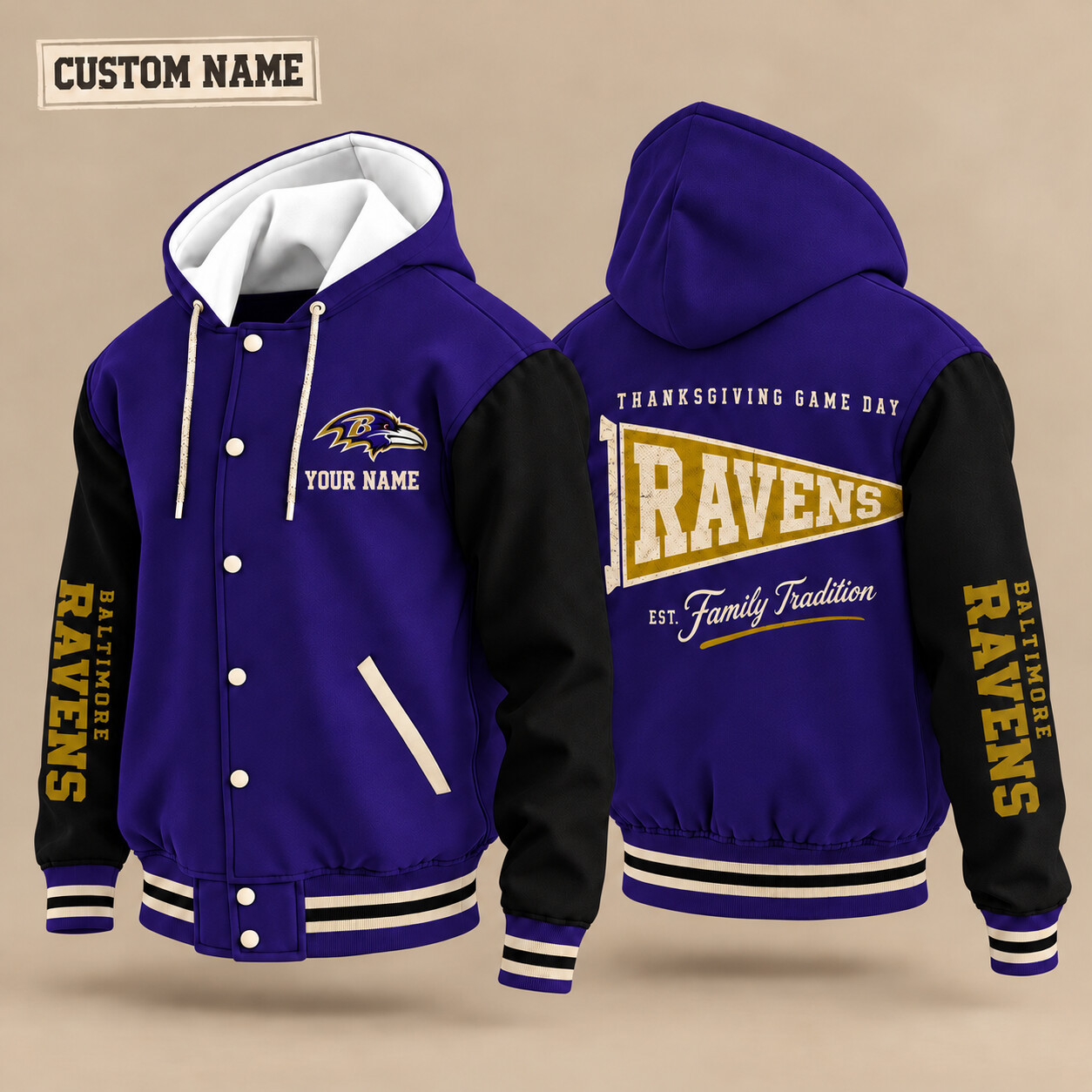 Baltimore Ravens Thanksgiving Game Day Pennant Hooded Letterman Jacket Custom Name PMEJW4