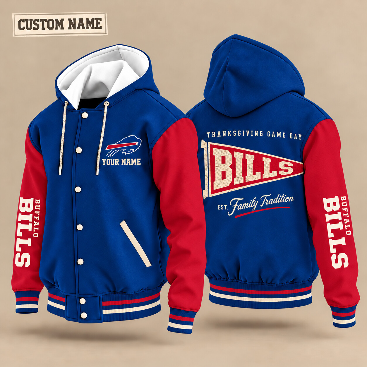 Buffalo Bills Thanksgiving Game Day Pennant Hooded Letterman Jacket Custom Name POB8NV