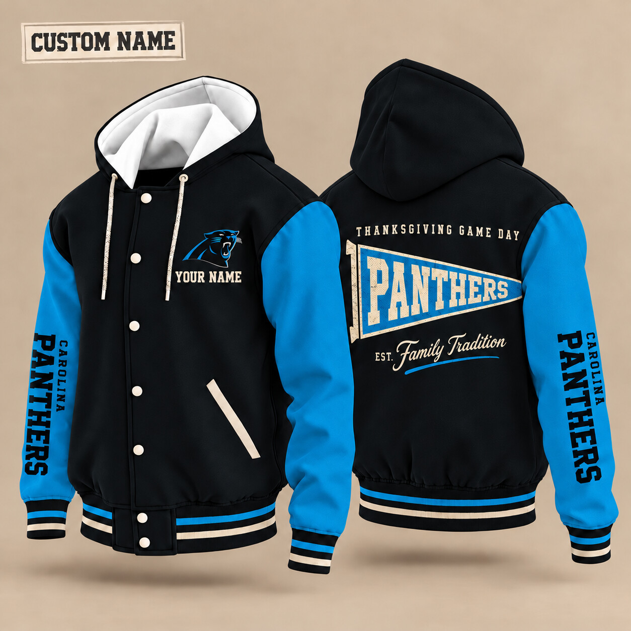 Carolina Panthers Thanksgiving Game Day Pennant Hooded Letterman Jacket Custom Name PEK8AA