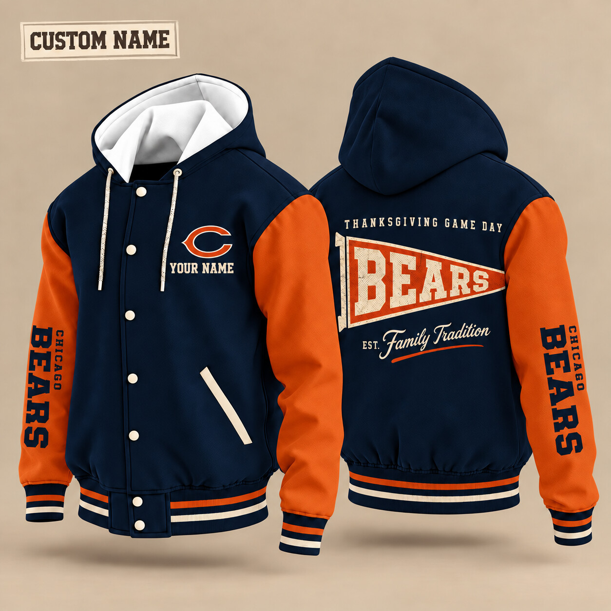 Chicago Bears Thanksgiving Game Day Pennant Hooded Letterman Jacket Custom Name PARJB9