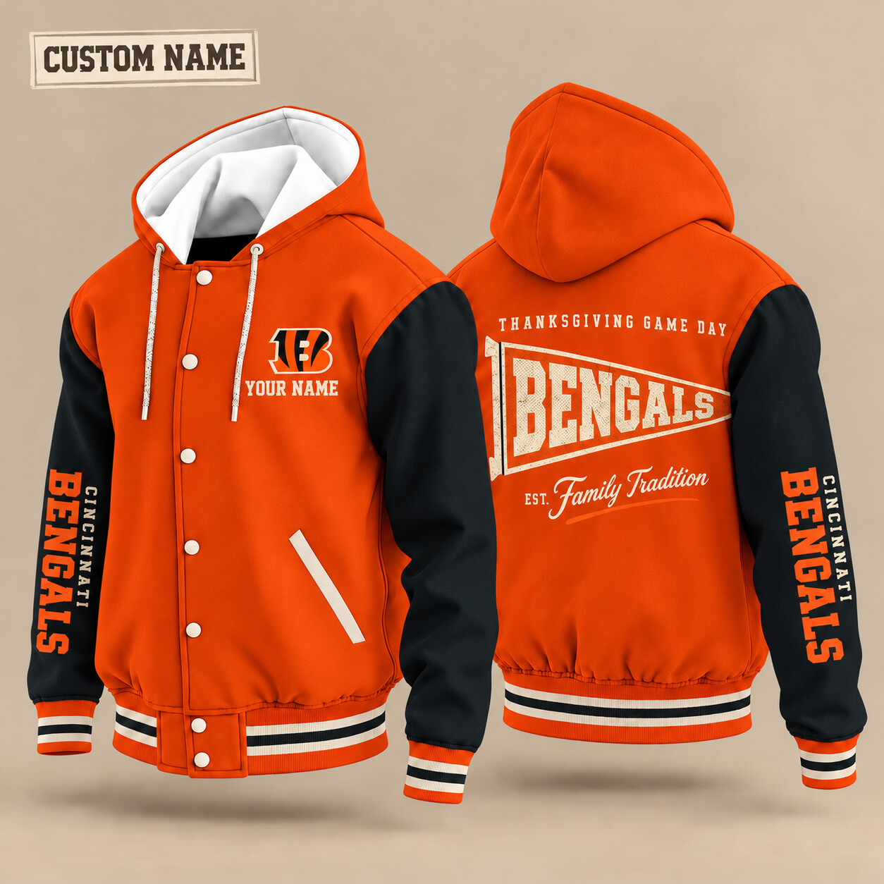 Cincinnati Bengals Thanksgiving Game Day Pennant Hooded Letterman Jacket Custom Name P2GQIQ