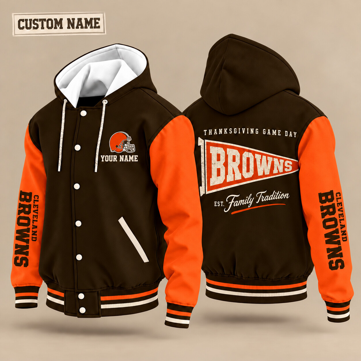 Cleveland Browns Thanksgiving Game Day Pennant Hooded Letterman Jacket Custom Name PVWOO7