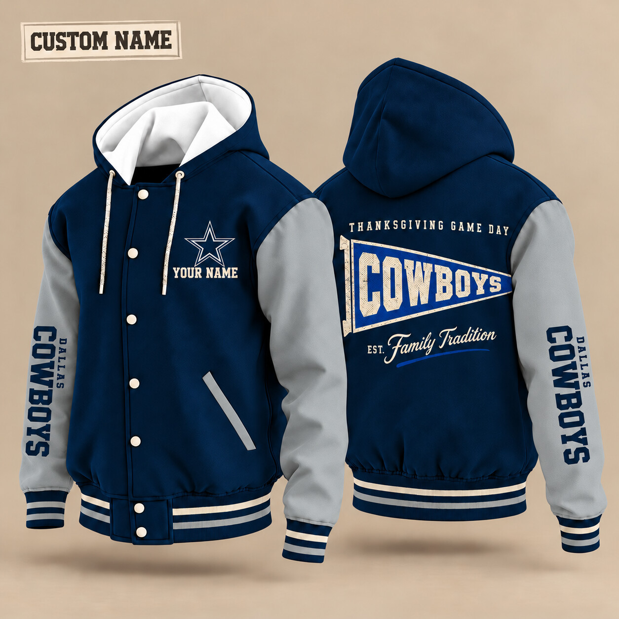 Dallas Cowboys Thanksgiving Game Day Pennant Hooded Letterman Jacket Custom Name PQHPTV