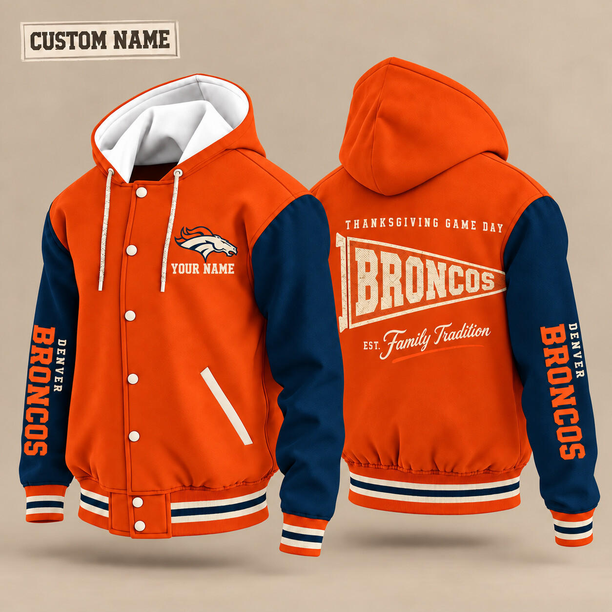 Denver Broncos Thanksgiving Game Day Pennant Hooded Letterman Jacket Custom Name P0G11N