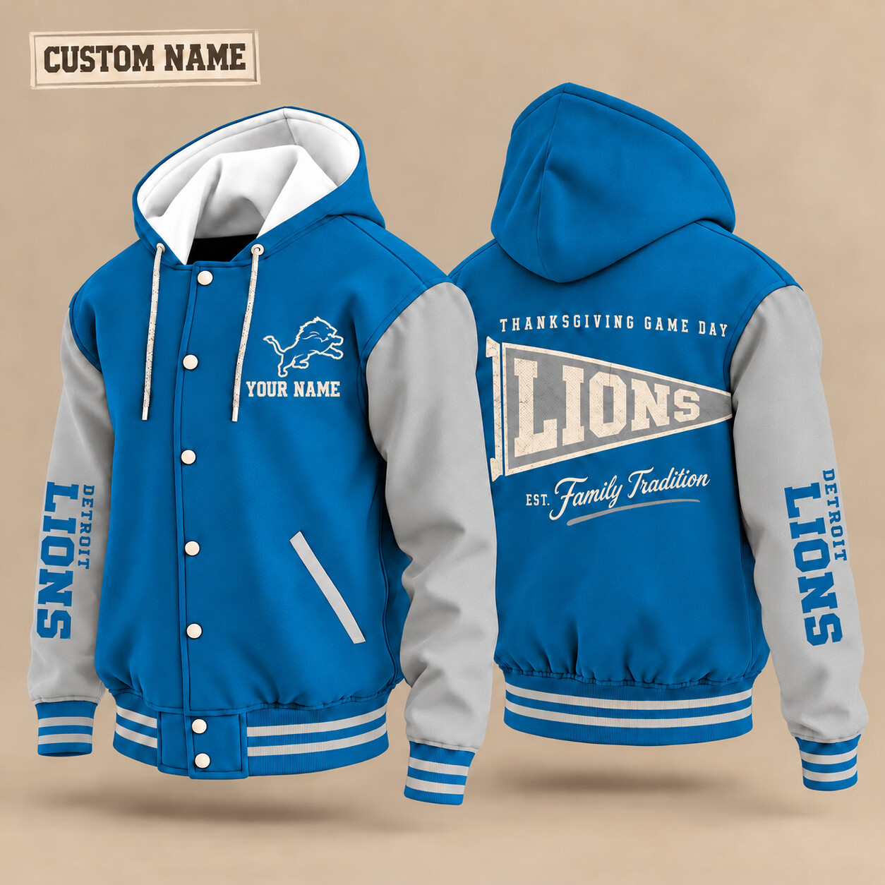 Detroit Lions Thanksgiving Game Day Pennant Hooded Letterman Jacket Custom Name P8I5EE