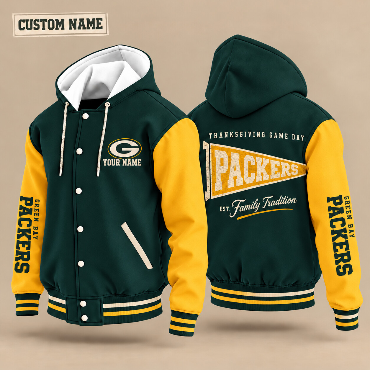 Green Bay Packers Thanksgiving Game Day Pennant Hooded Letterman Jacket Custom Name P0MFCM