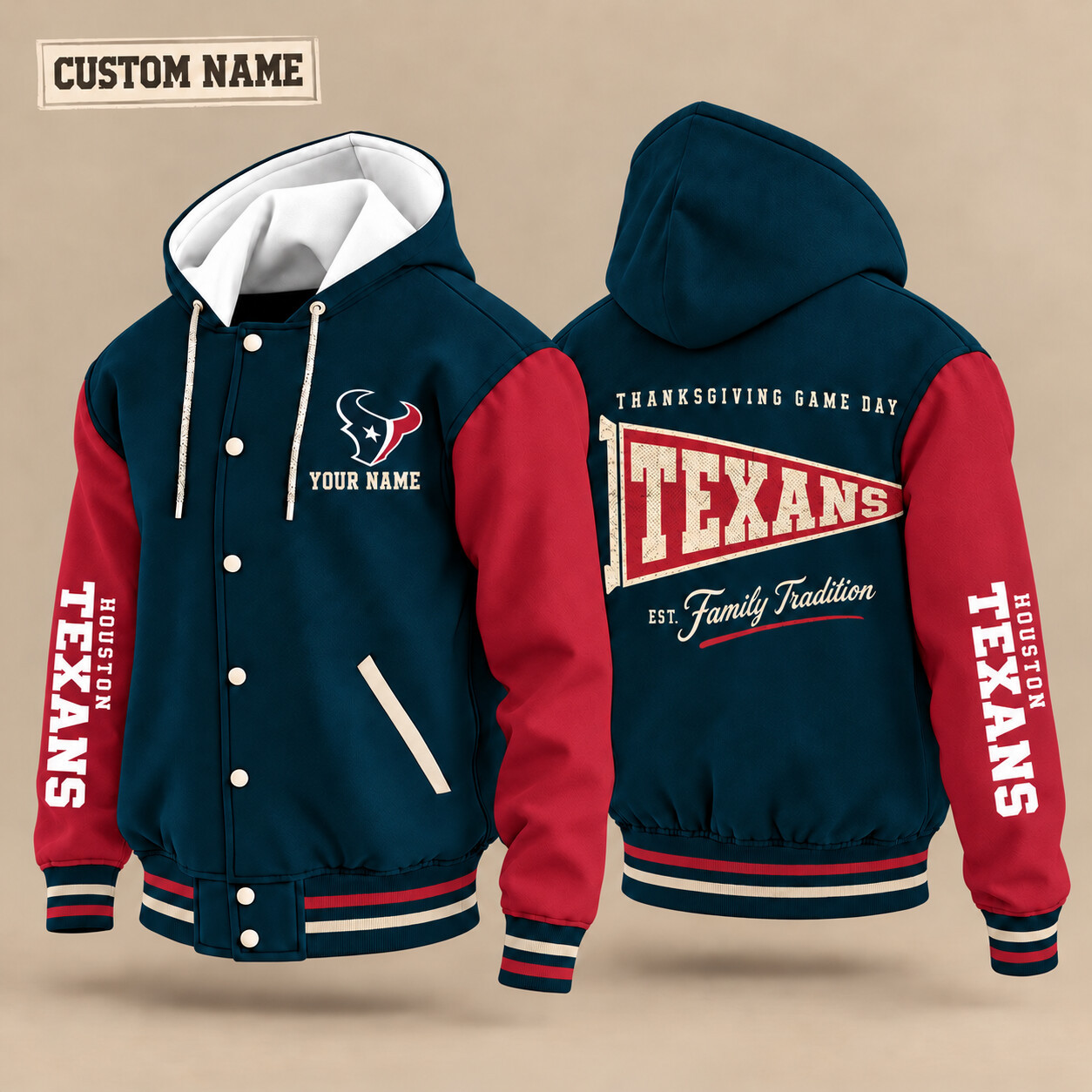 Houston Texans Thanksgiving Game Day Pennant Hooded Letterman Jacket Custom Name P9YKW7