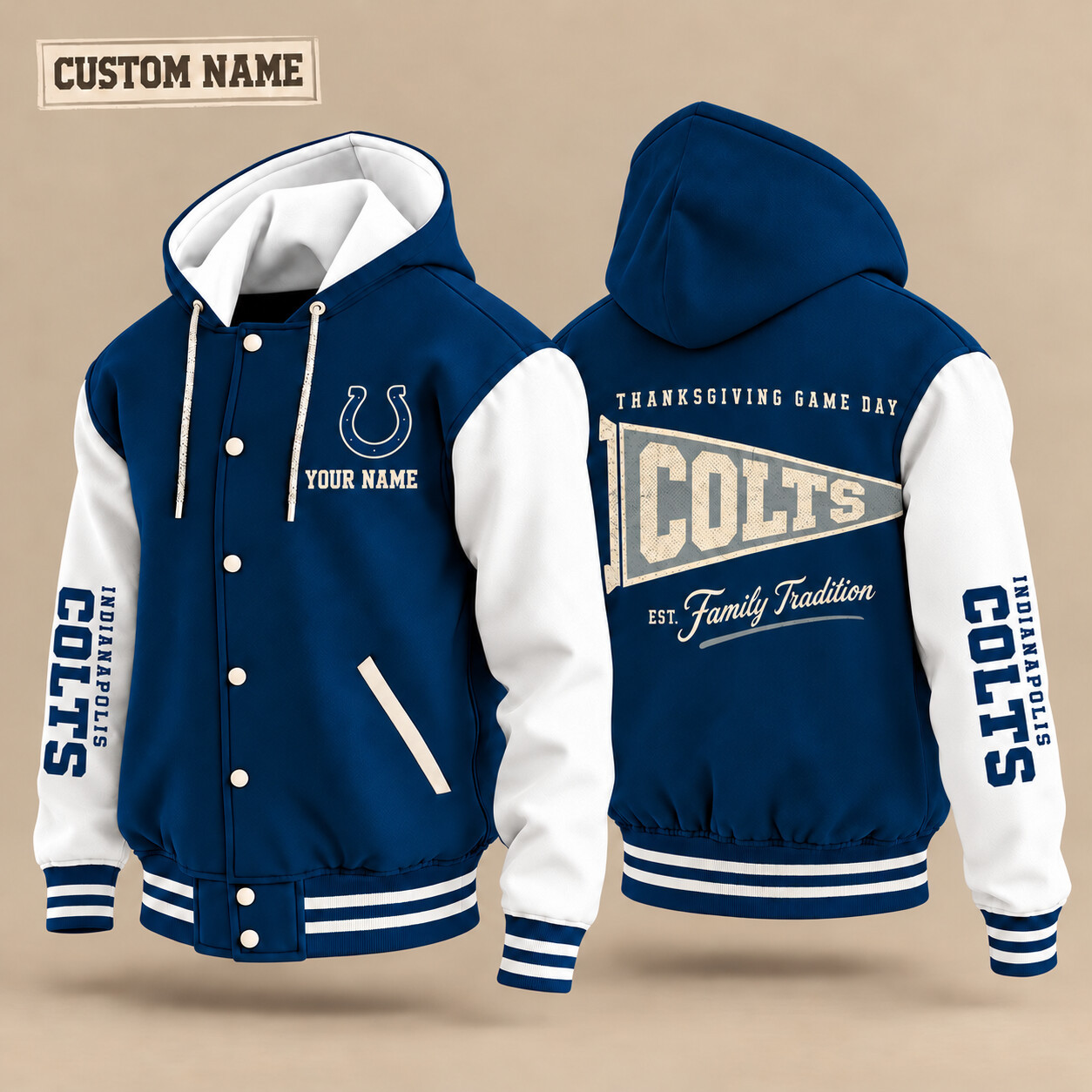 Indianapolis Colts Thanksgiving Game Day Pennant Hooded Letterman Jacket Custom Name PDKR3N