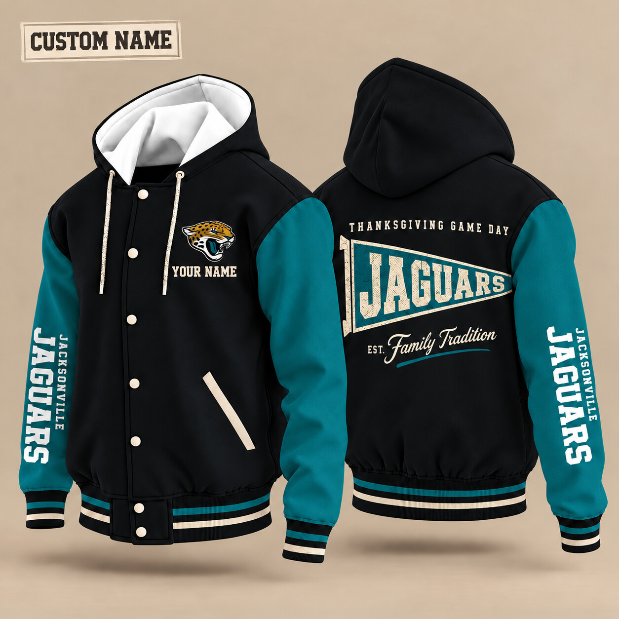 Jacksonville Jaguars Thanksgiving Game Day Pennant Hooded Letterman Jacket Custom Name PD2BL3