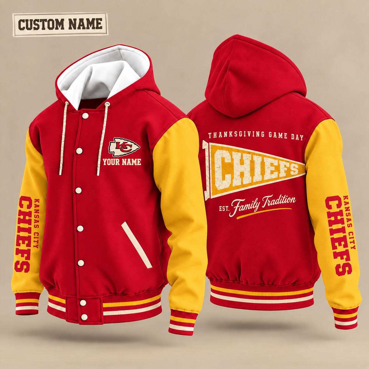Kansas City Chiefs Thanksgiving Game Day Pennant Hooded Letterman Jacket Custom Name PANEOV