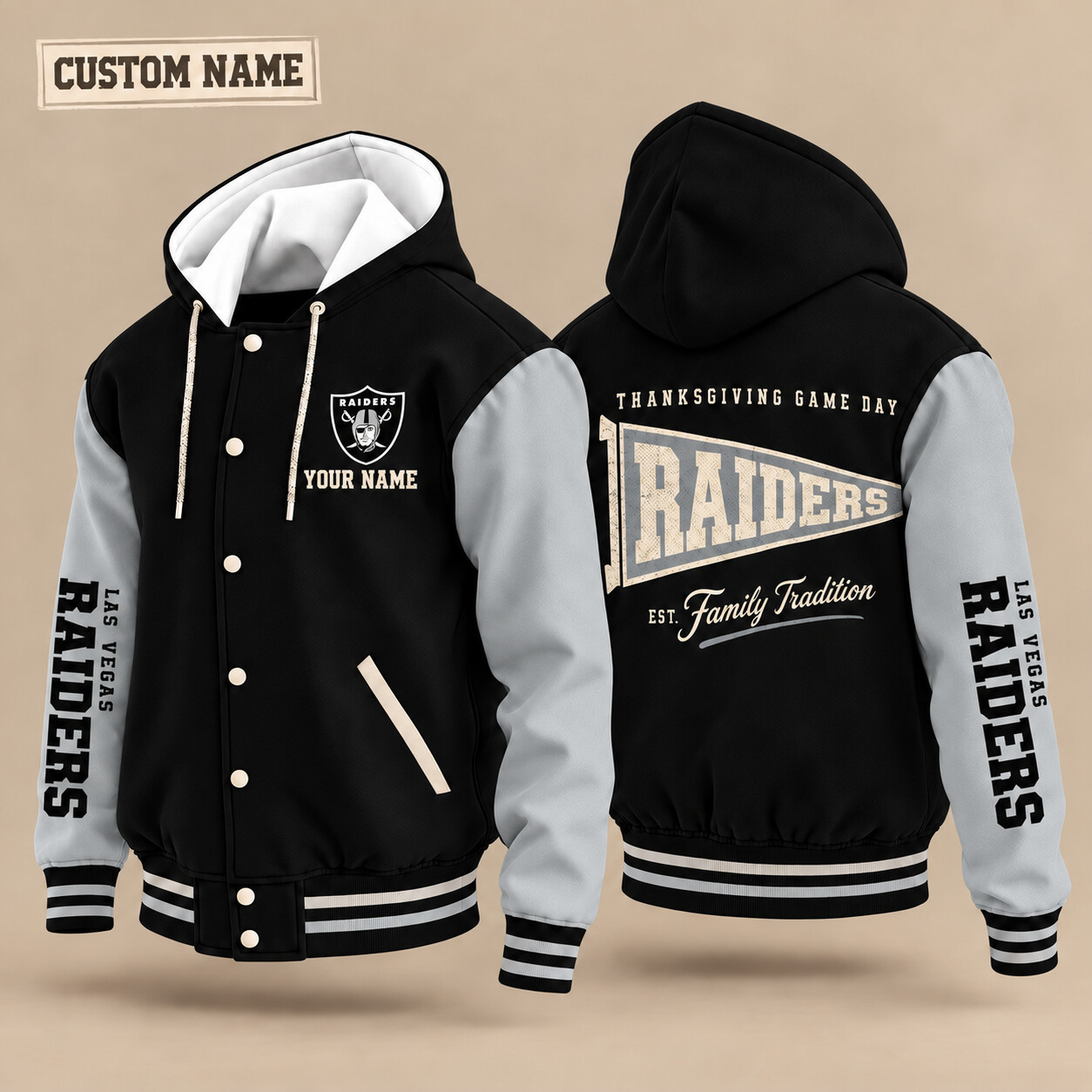 Las Vegas Raiders Thanksgiving Game Day Pennant Hooded Letterman Jacket Custom Name PXTR0Q