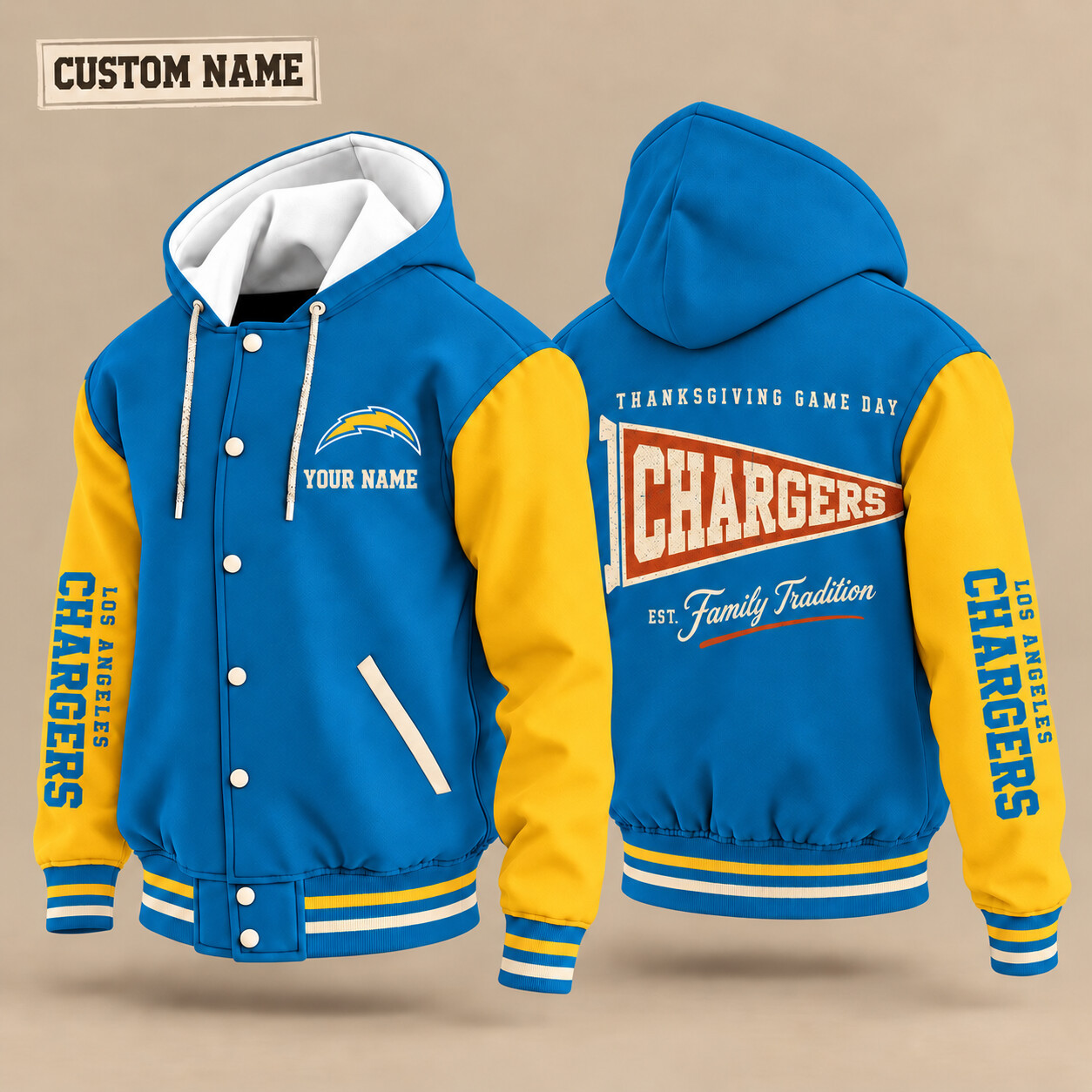 Los Angeles Chargers Thanksgiving Game Day Pennant Hooded Letterman Jacket Custom Name PLZFKD