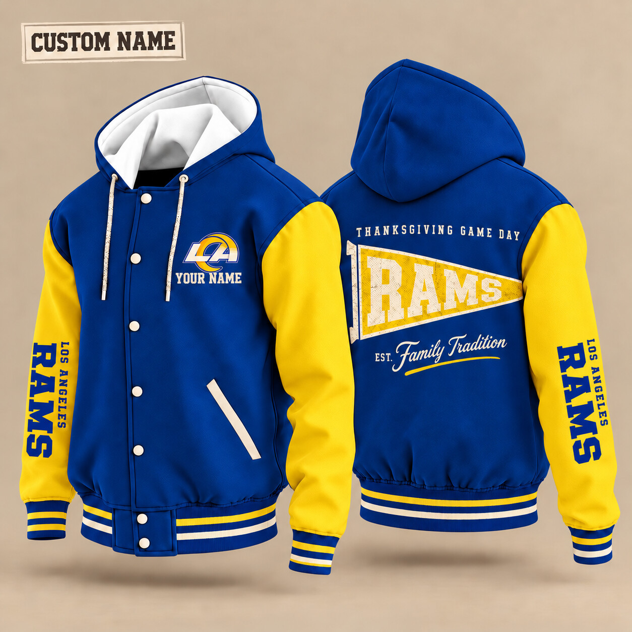 Los Angeles Rams Thanksgiving Game Day Pennant Hooded Letterman Jacket Custom Name PB2NG7
