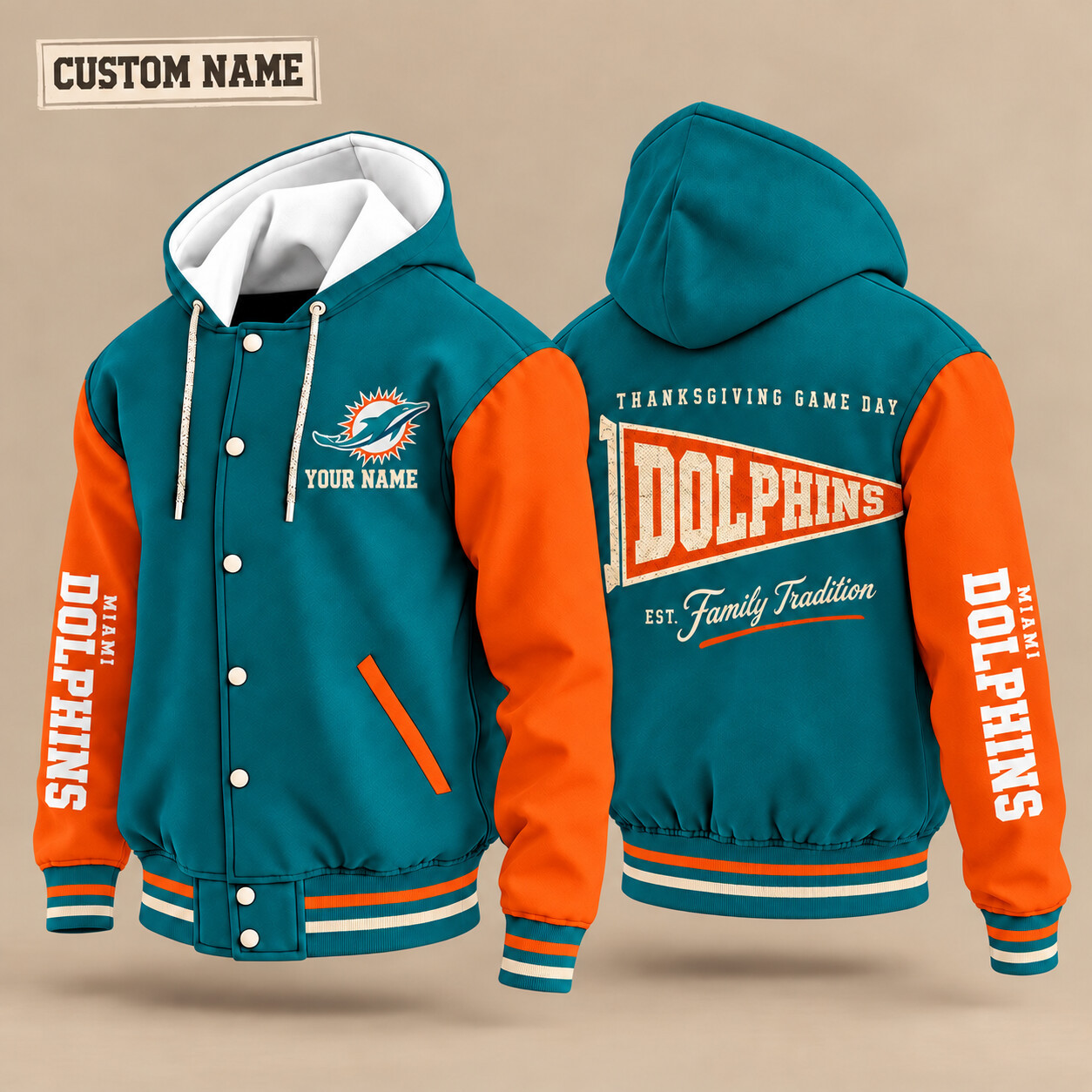 Miami Dolphins Thanksgiving Game Day Pennant Hooded Letterman Jacket Custom Name PXCNOS