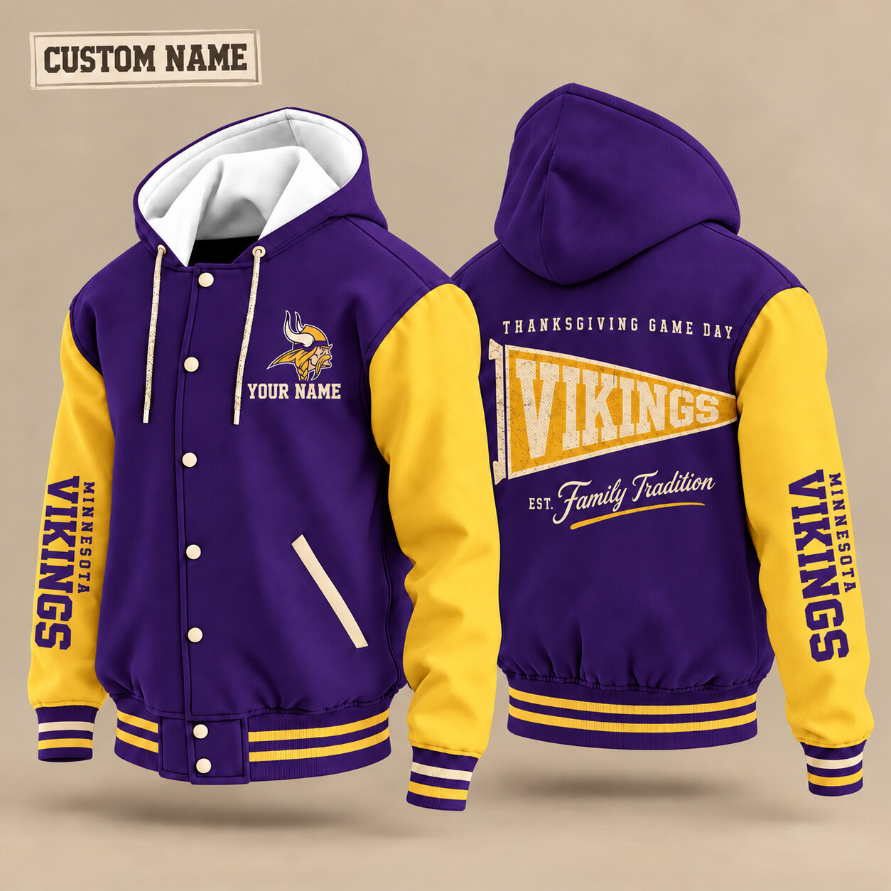 Minnesota Vikings Thanksgiving Game Day Pennant Hooded Letterman Jacket Custom Name P7Y6J2