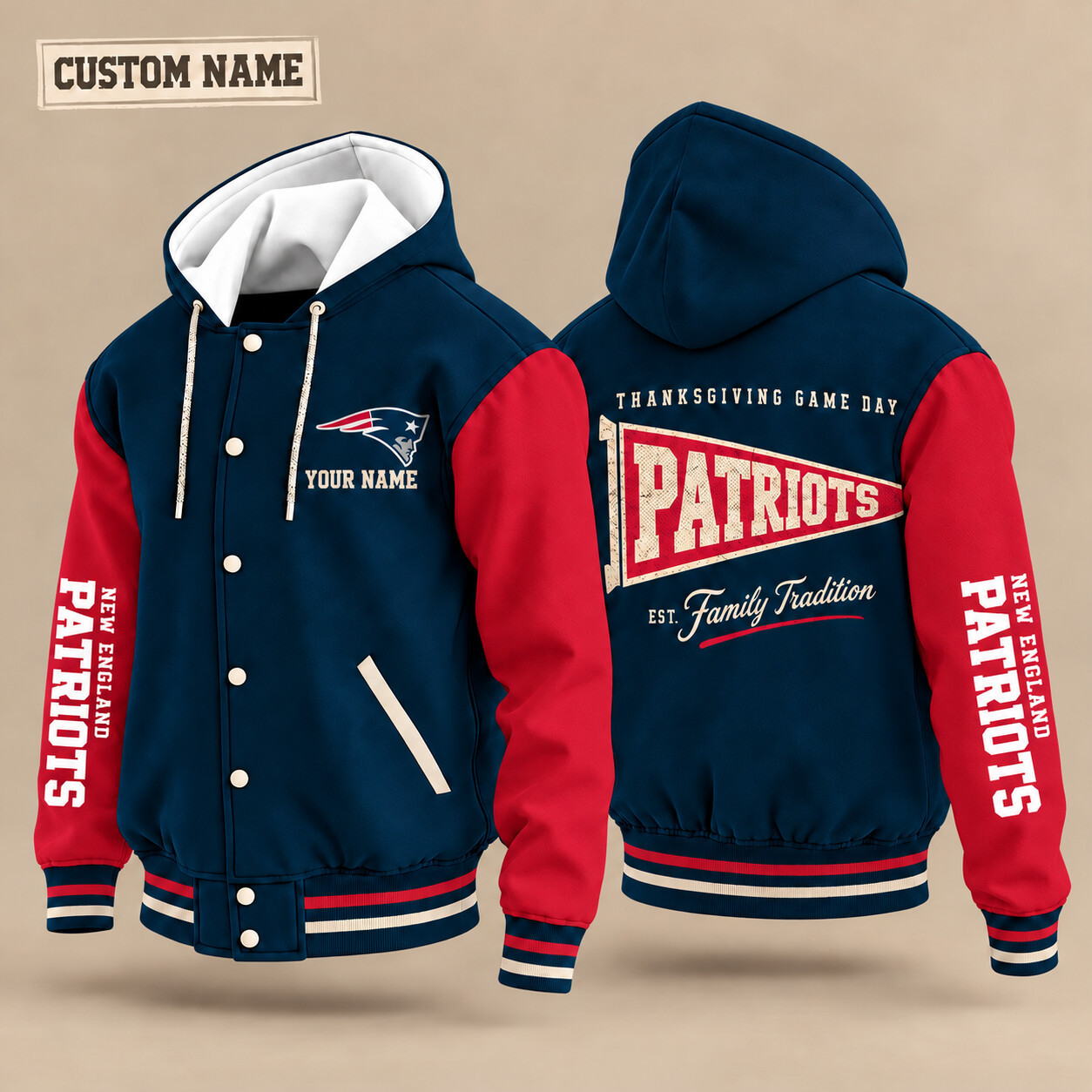 New England Patriots Thanksgiving Game Day Pennant Hooded Letterman Jacket Custom Name P2N8SE