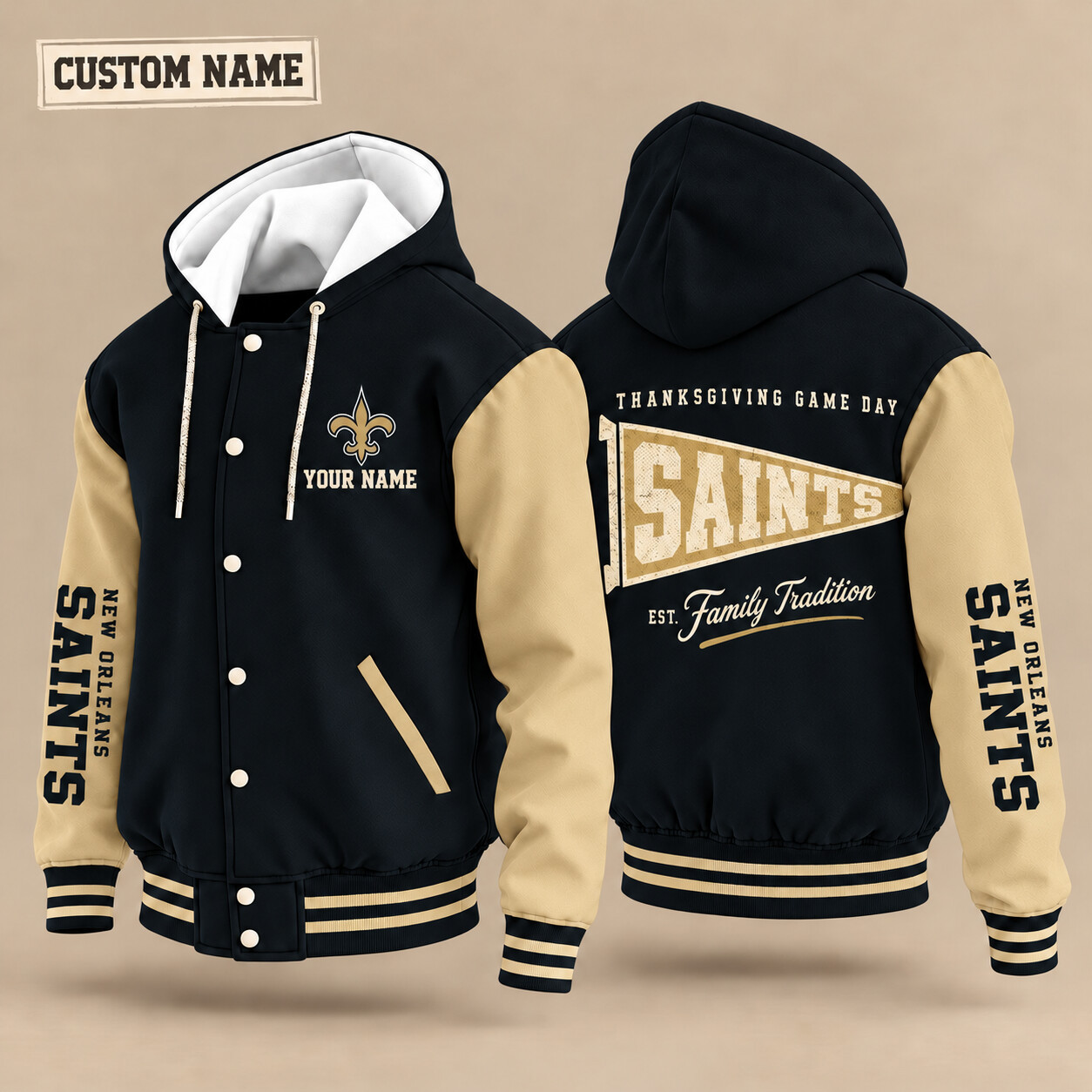New Orleans Saints Thanksgiving Game Day Pennant Hooded Letterman Jacket Custom Name PSBVKE